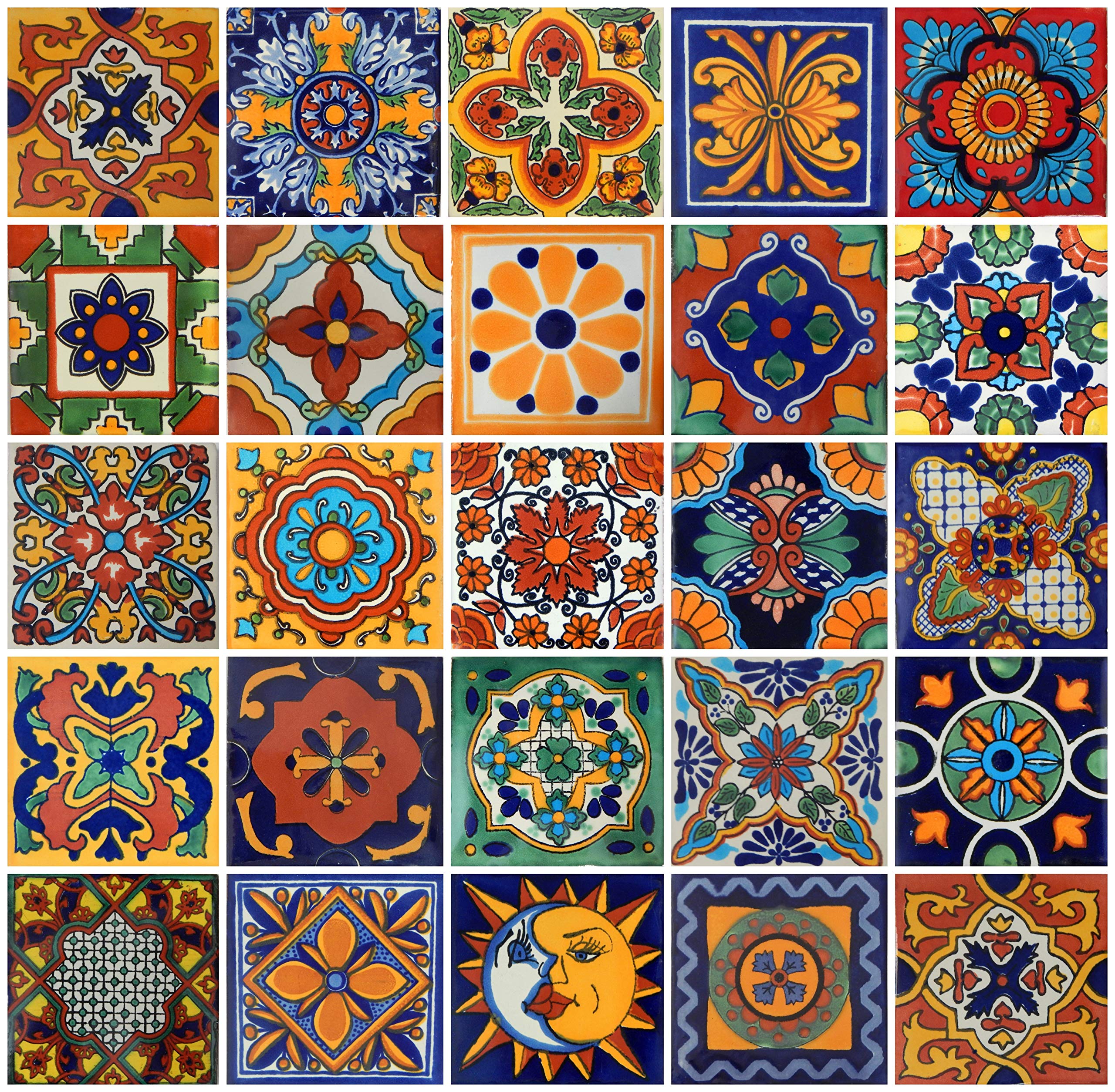 100 Authentic Mexican Talavera Tiles - 4x4 Inch Hand-Painted Ceramic Tiles - 25 Unique Designs - Wall Decor, Kitchen Backsplash, Countertop Accents - Perfect for Home & Commercial Use