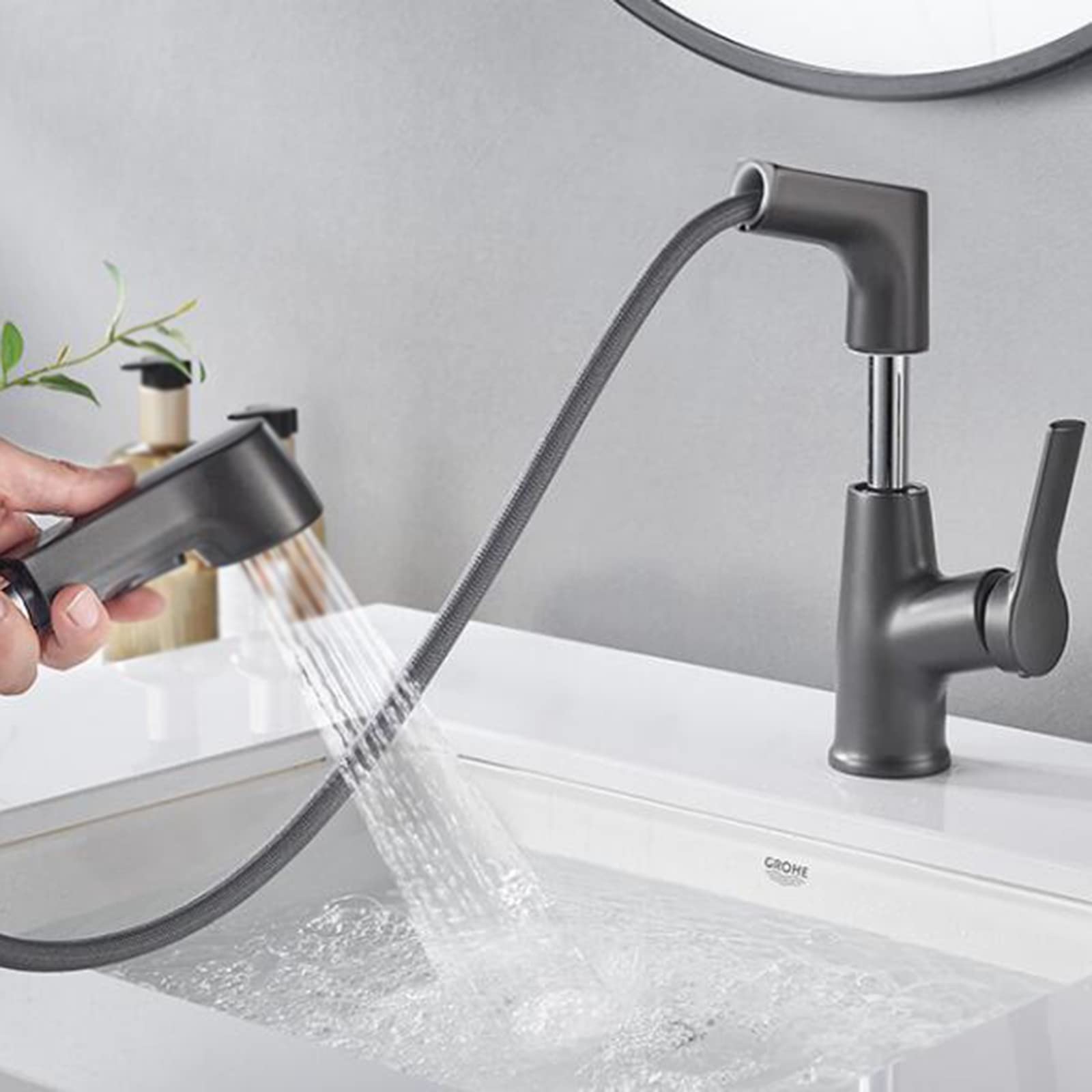 Brass Pull-Out Spray Bathroom Sink Faucet - Retractable Basin Mixer in Gray for Modern Vanity & Powder Room Upgrade