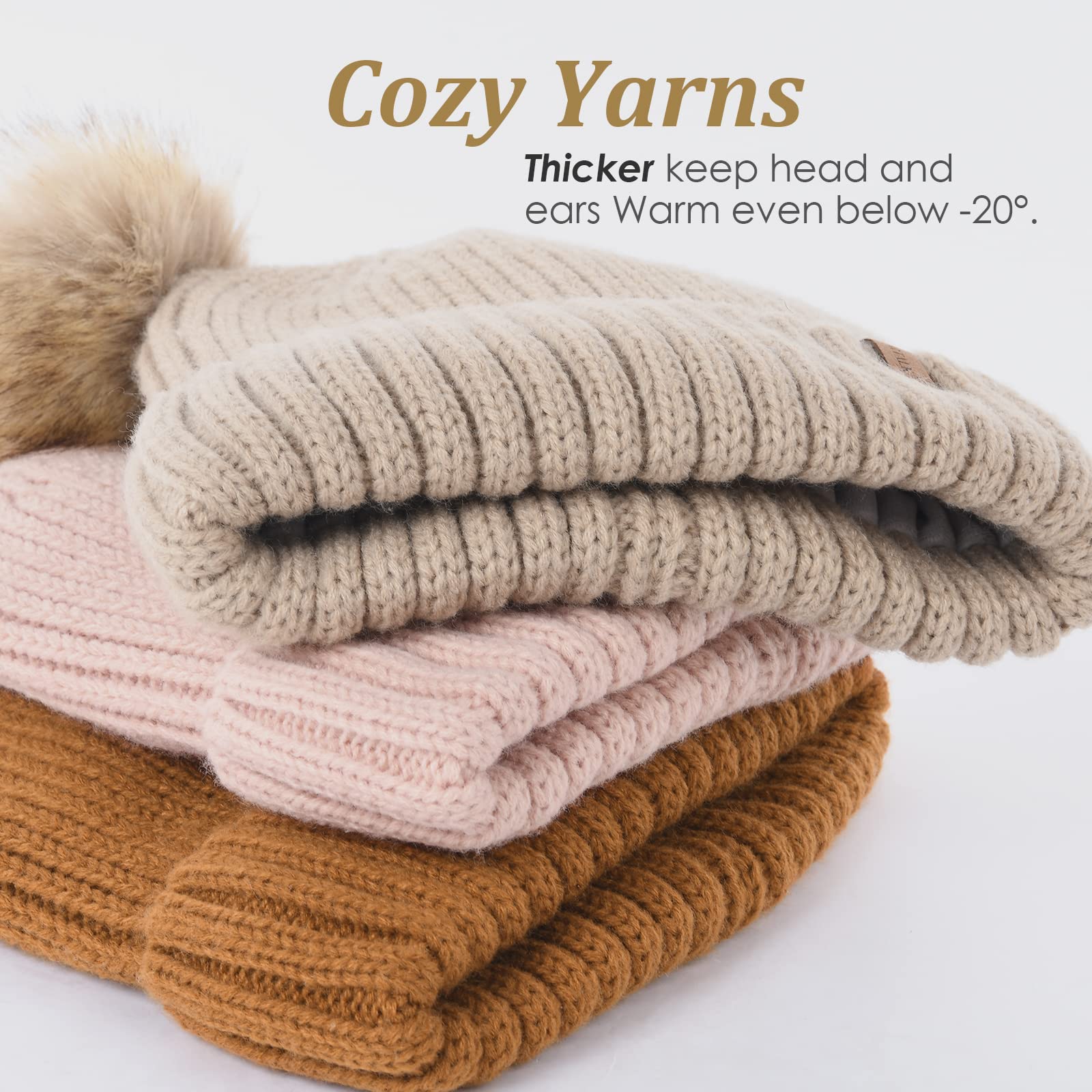 FURTALK Women's Fleece Lined Winter Beanie Hat - Warm Knit Hat with Double Faux Fur Pom Poms for Women & Girls - Perfect for Cold Weather, Snow Days & Outdoor Activities
