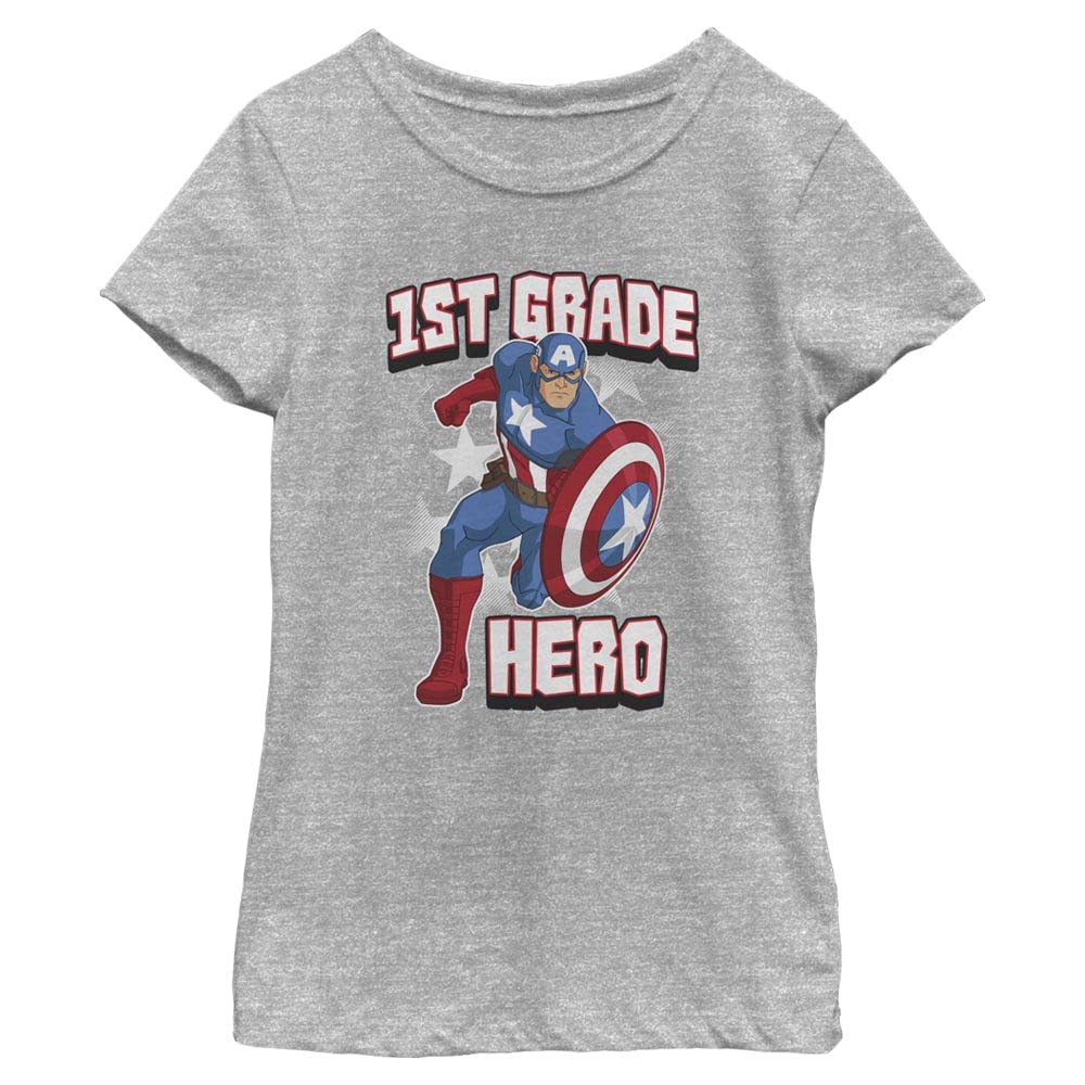 Marvel Captain America T-Shirt for Girls - First Grade Hero Graphic Tee - Kids Superhero Costume & School Outfit for Birthday Parties & Comic Con Events