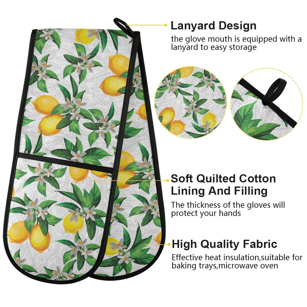 Quilted Double Oven Mitts - Heat Resistant Lemon White Floral Pattern Hot Gloves for Baking, Grilling, BBQ & Kitchen Use - Perfect for Baking Cookies, Roasting Turkey & Handling Hot Pans