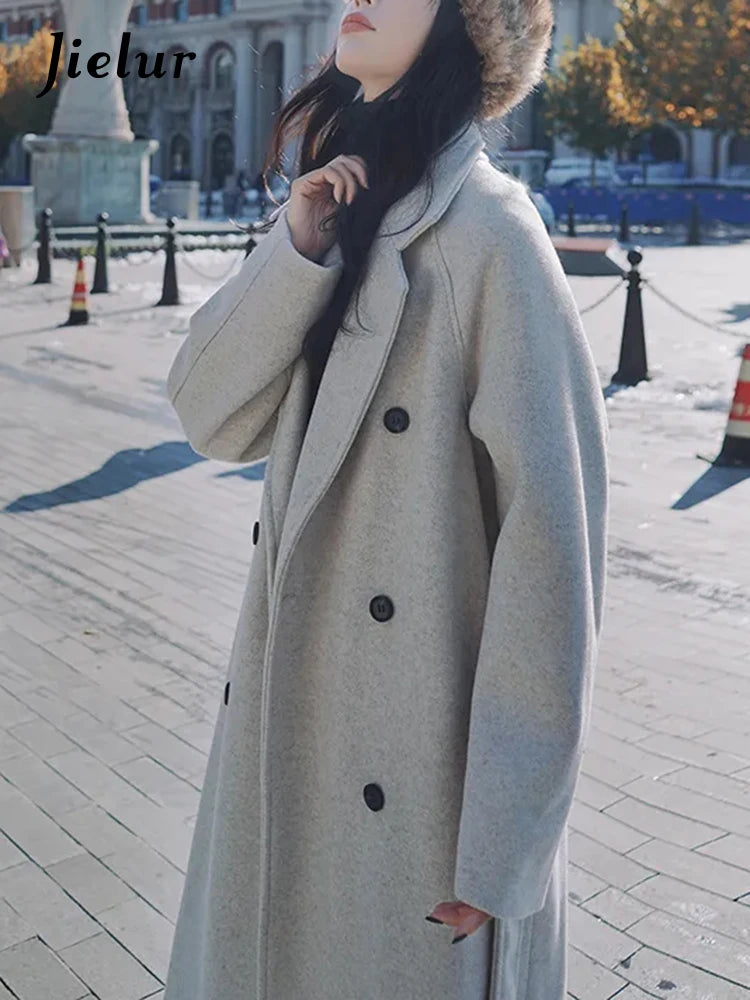 Women's Black Lace-Up Wool Overcoat - Double Breasted Long Winter Coat for Women, Thick Warm Oversized Loose Fit Outerwear | Perfect for Fall, Winter & Formal Occasions