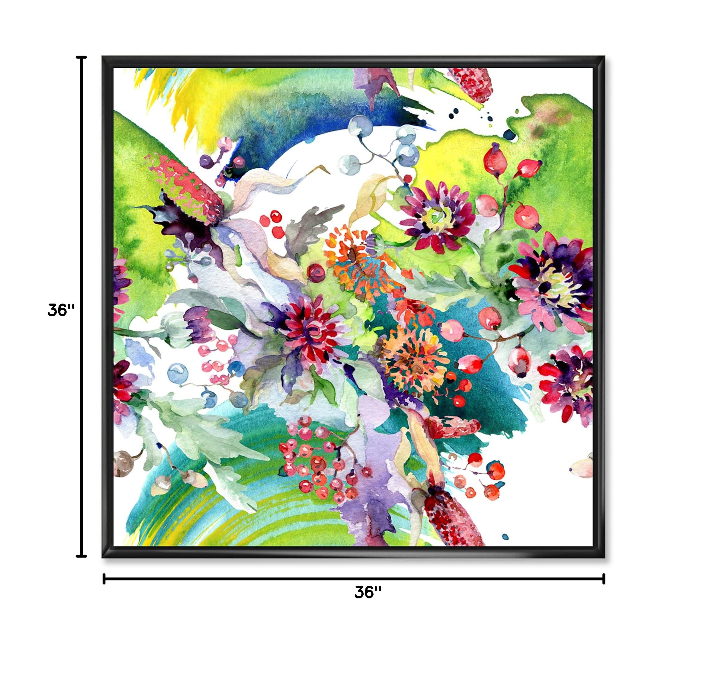 DesignQ Vibrant Wild Spring Leaves & Flowers Canvas Wall Art Print - Modern Framed Home Decor for Living Room, Bedroom & Office