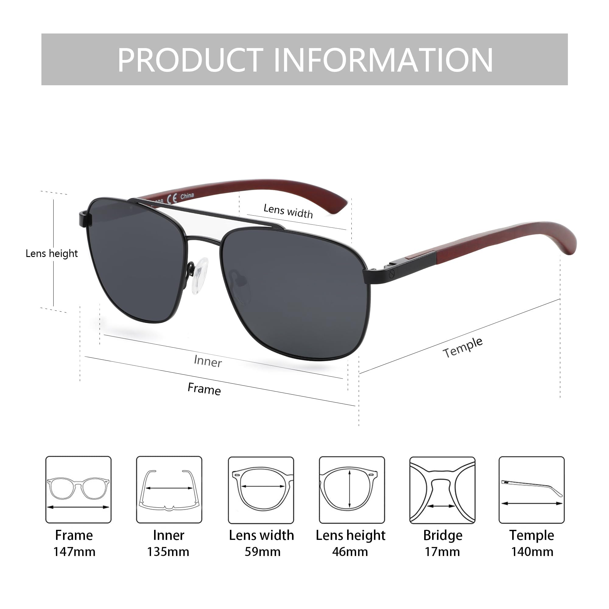 ZENOTTIC Men's Aviator Wood Polarized Sunglasses - 100% UV Protection for Fishing, Driving & Golf - Stylish Wood Frame Shades for Outdoor Sports & Casual Wear