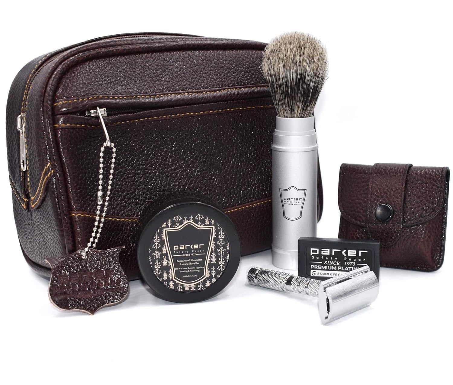 Parker Travel Shave Kit for Men - Premium Dopp Toiletry Bag with Safety Razor, Shaving Brush & Shaving Soap - Perfect for Business Trips, Camping & Grooming Gifts