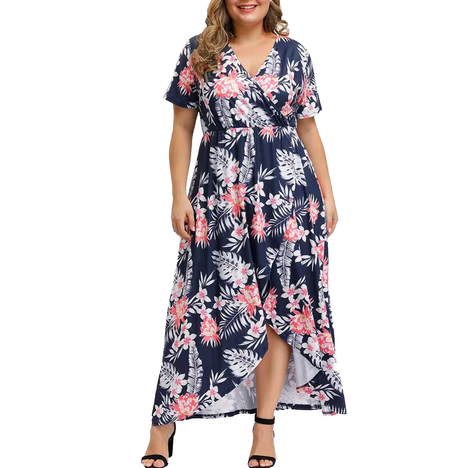 Women's Plus Size Casual Long Sleeve V-Neck Printed Split Maxi Dress - Holiday Stitching Design in Pink | Perfect for Beach Vacations, Summer Parties & Casual Outings