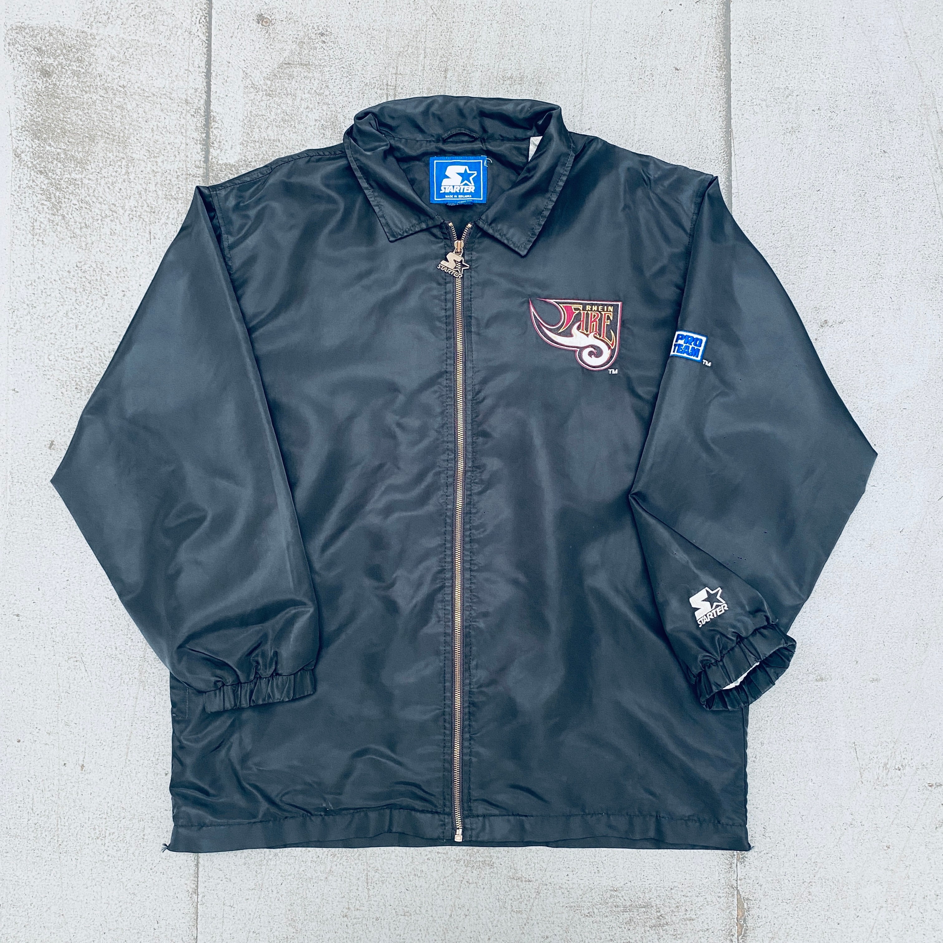 Rhein Fire 1990s Blackout Satin Full-Zip Pro Team Starter Jacket - Vintage NFL Europe Football Jacket for Men (Large) - Perfect for Game Day, Tailgating & Retro Sports Fashion