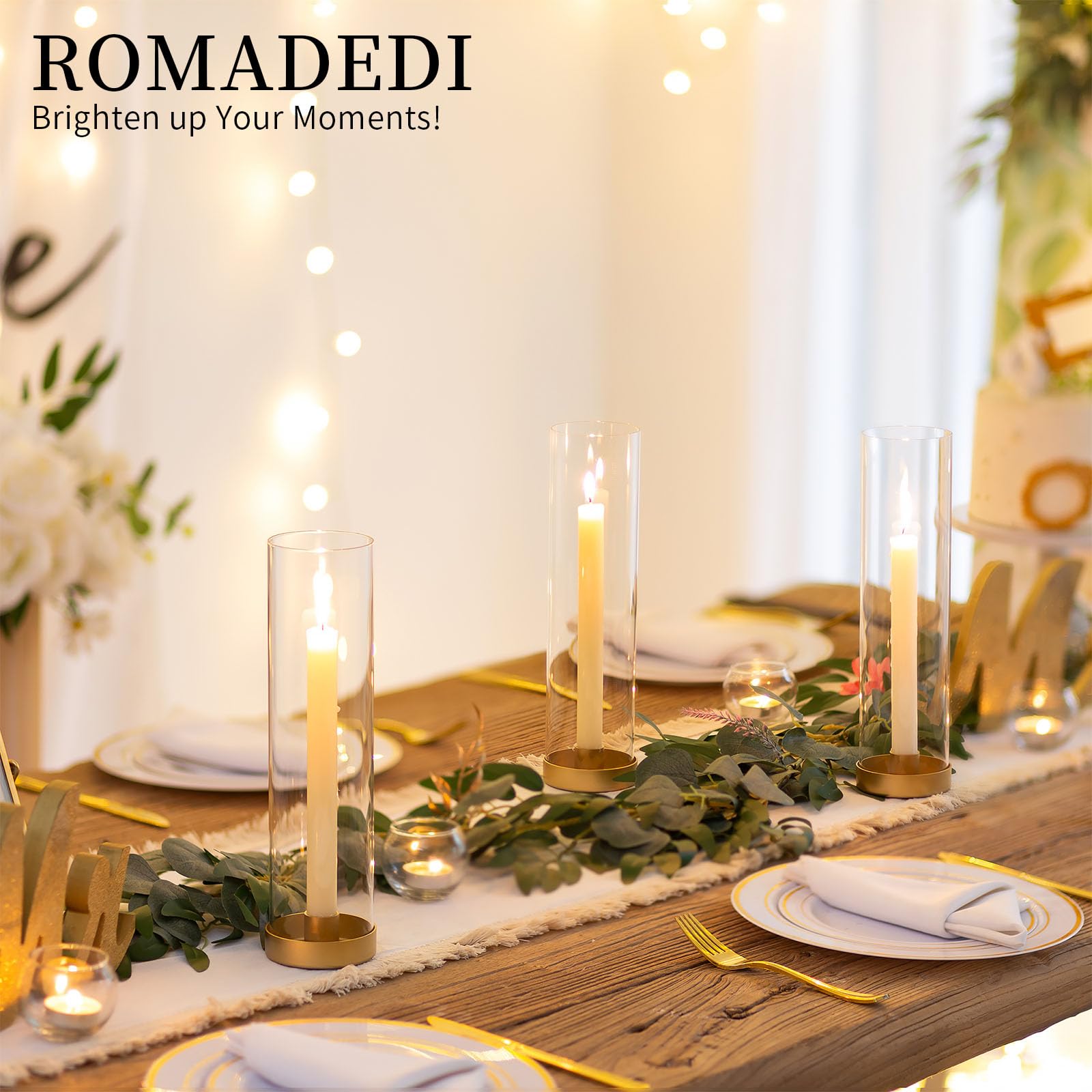 Romadedi 12 Inch Gold Glass Hurricane Candle Holders - Set of 10 Clear Cylinder Taper Candlesticks for Wedding Centerpieces, Party Decor, Christmas Home Decorations - Perfect for Dining Tables, Fireplace Mantels & Holiday Displays