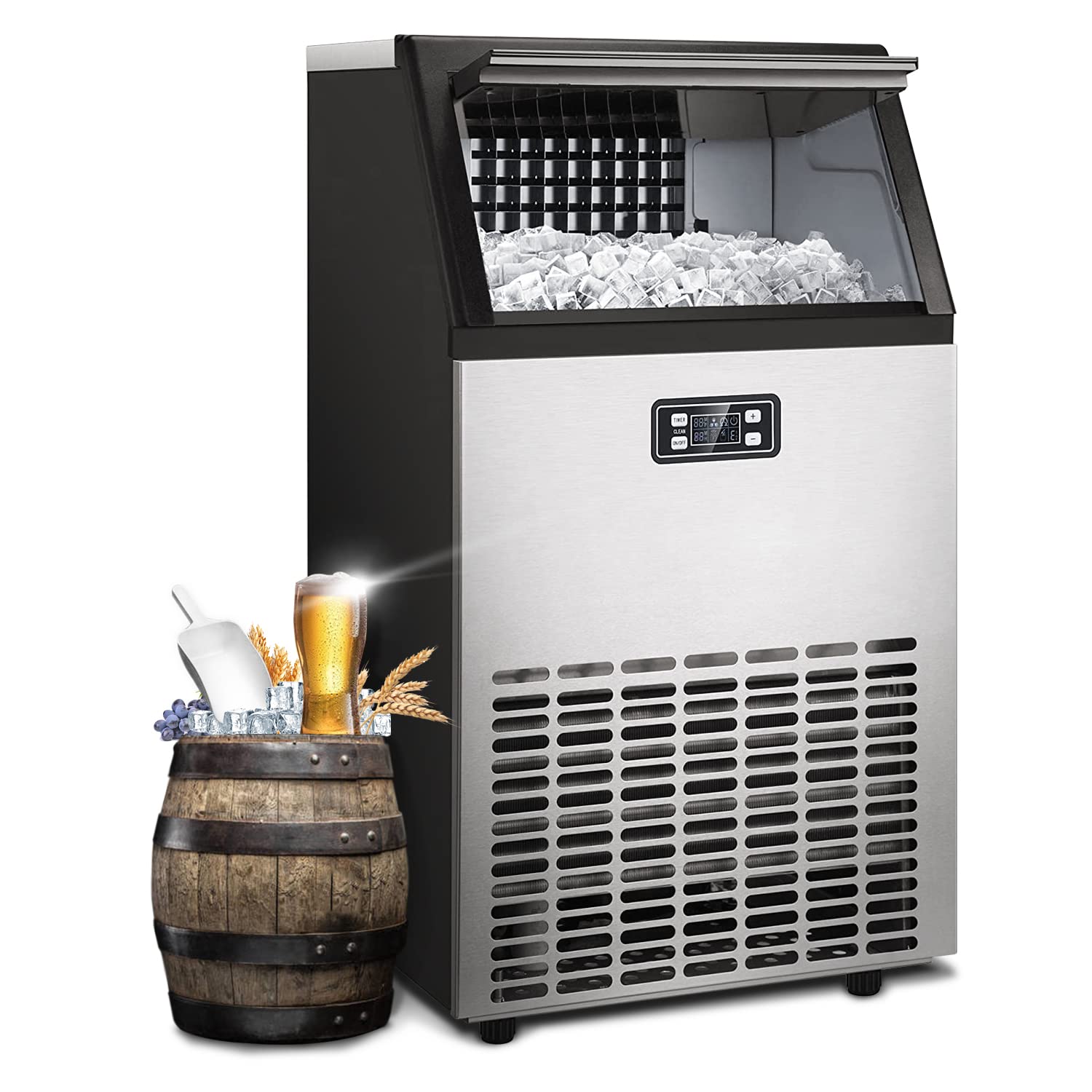 Commercial Under Counter Nugget Ice Maker with Drain Pump - 100lbs/24h Capacity, 33lbs Storage - Clear Crushed Sonic Ice Machine for Restaurants, Bars, RV, Coffee Shops & Outdoor Use - 15 Inch Compact Design