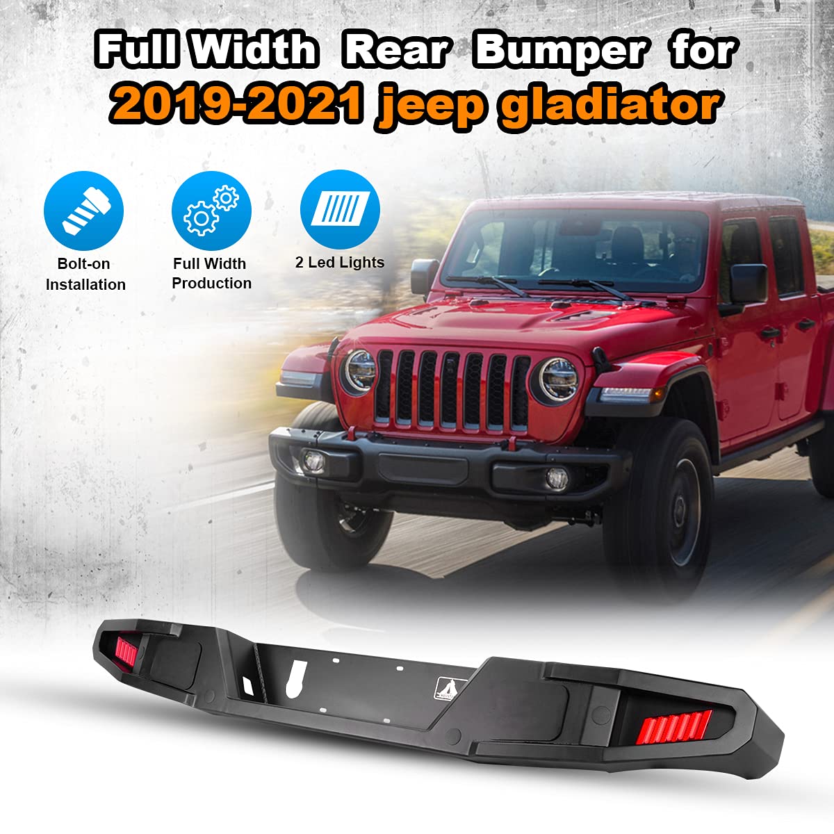 WOLFSTORM Full Width Rock Crawler Rear Bumper with 2 LED Lights & Hitch Receiver - Compatible with 2019-2021 Jeep Gladiator JT | Off-Road Adventure & Truck Protection