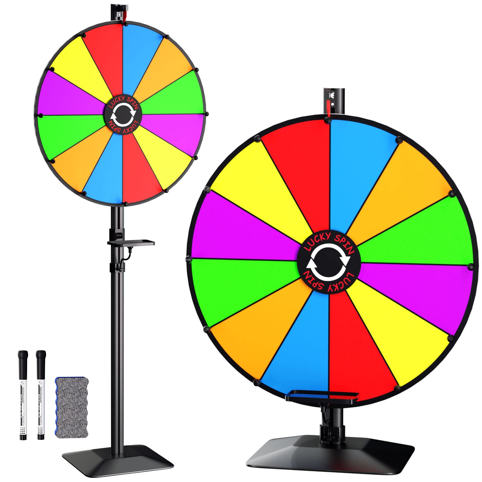 24 Inch Heavy Duty Prize Wheel - Adjustable Height Floor Stand & Tabletop Spinner with 12 Dry Erase Slots & Eraser for Carnival Games, Trade Shows, Fortune Spinning & Classroom Activities