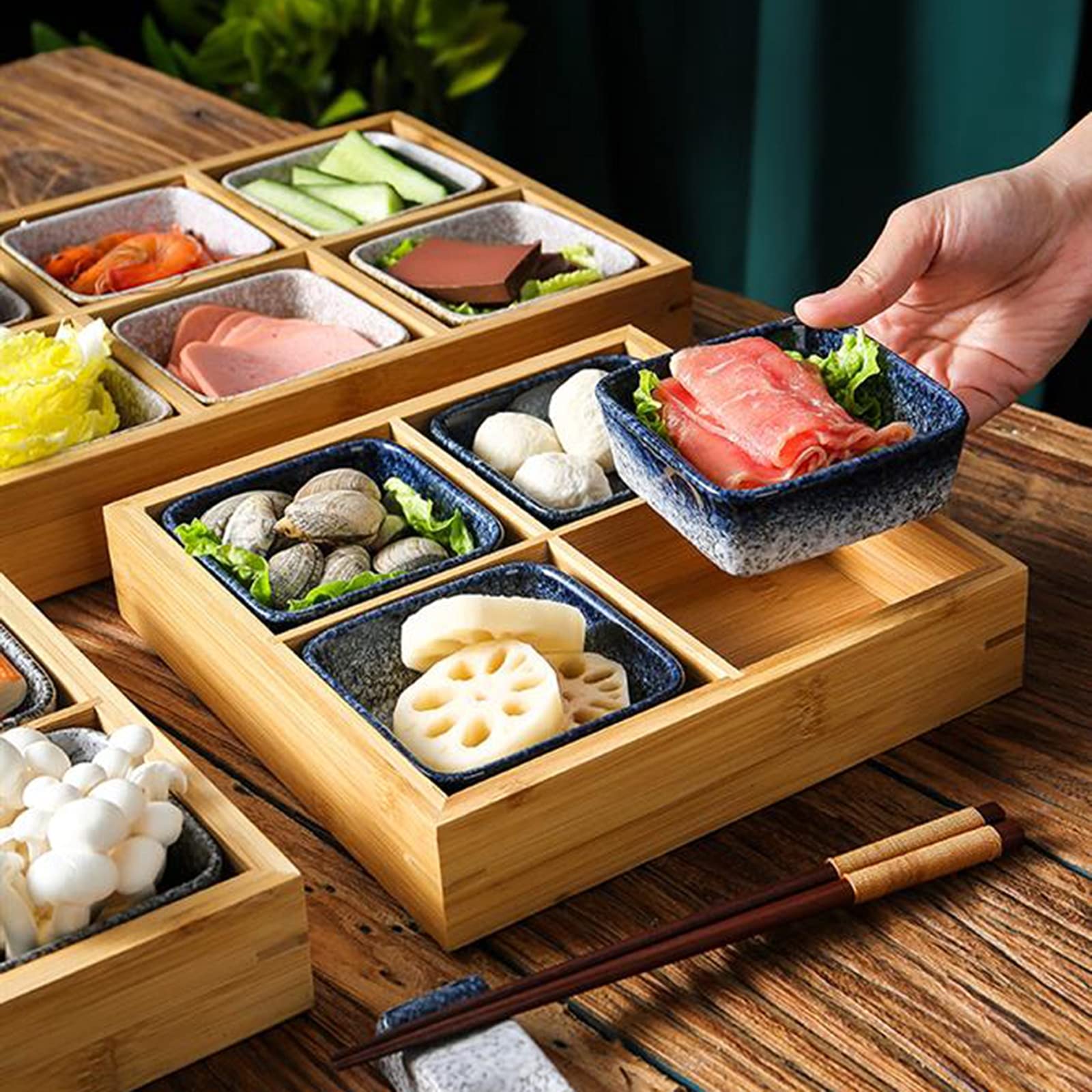 AIZYR Ceramic Snack Serving Platter with Wooden Tray - Elegant Sushi Appetizer Display Plate for Home, Restaurant & Party Use - Perfect for Entertaining, Hors d'Oeuvres & Charcuterie Boards