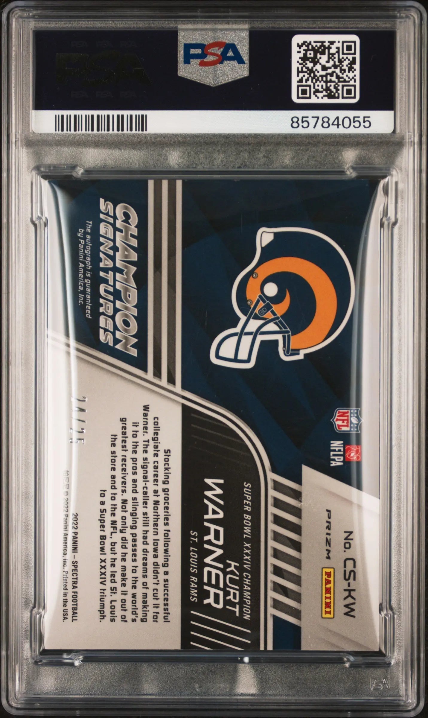 2021 Panini Spectra Kurt Warner Champion Signatures Autograph PSA 8 /75 - Rare Football Trading Card for Collectors & Sports Memorabilia Enthusiasts