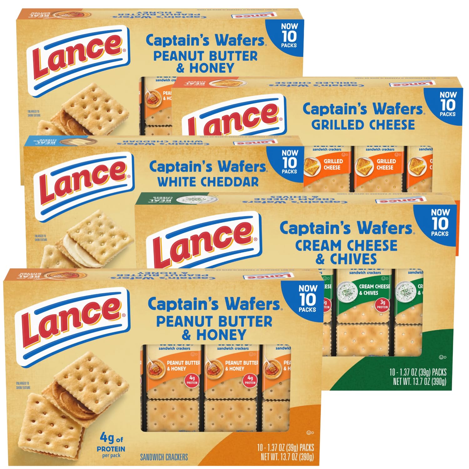 Captain's Sandwich Crackers Variety Pack - Assorted Flavors (50 Packs Total) | 10 Individually Wrapped Packs per Box, 5 Boxes | Perfect for School Lunches, Office Snacks & Road Trips