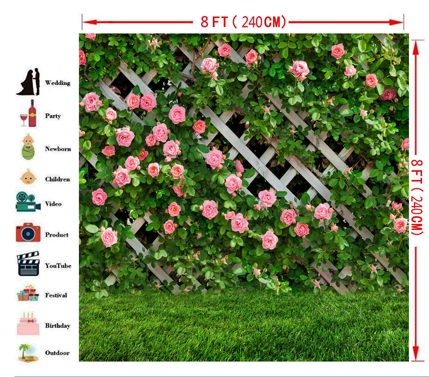 AIIKES 8x8FT Floral Photography Backdrop - Spring Flower Green Leaf Fence Background for Wedding, Bridal, Baby Shower, Birthday Party & Photo Booth Studio Props (11-453) - Perfect for Indoor/Outdoor Events, Social Media Content Creation and Professional Photography