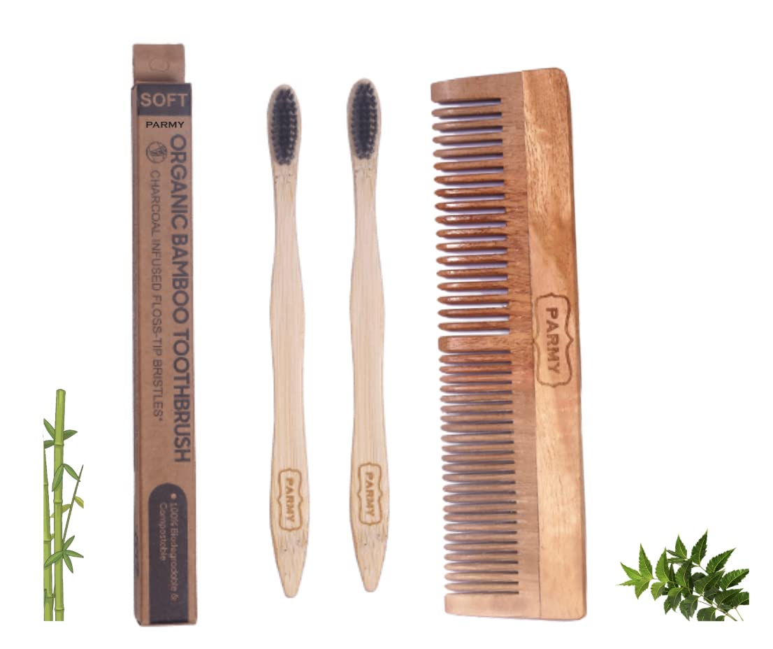 **Parmy Neem Wood Comb & Bamboo Toothbrush Set - Handmade Natural Wooden Hair Comb & Eco-Friendly Toothbrush for Dandruff Control & Hair Straightening - Pack of 2 Toothbrushes + 1 Comb for Men & Women - Perfect for Travel, Home & Daily Hair Care**