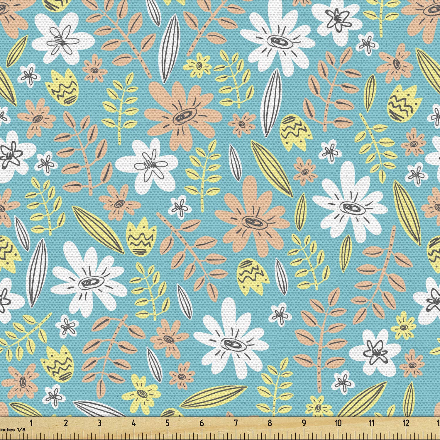 Ambesonne Floral Fabric by The Yard - Hand-Drawn Botanical Design for Upholstery, Curtains & Home Decor | 10 Yards Turquoise Peach Fabric | Perfect for DIY Projects, Sofa Covers & Decorative Pillows