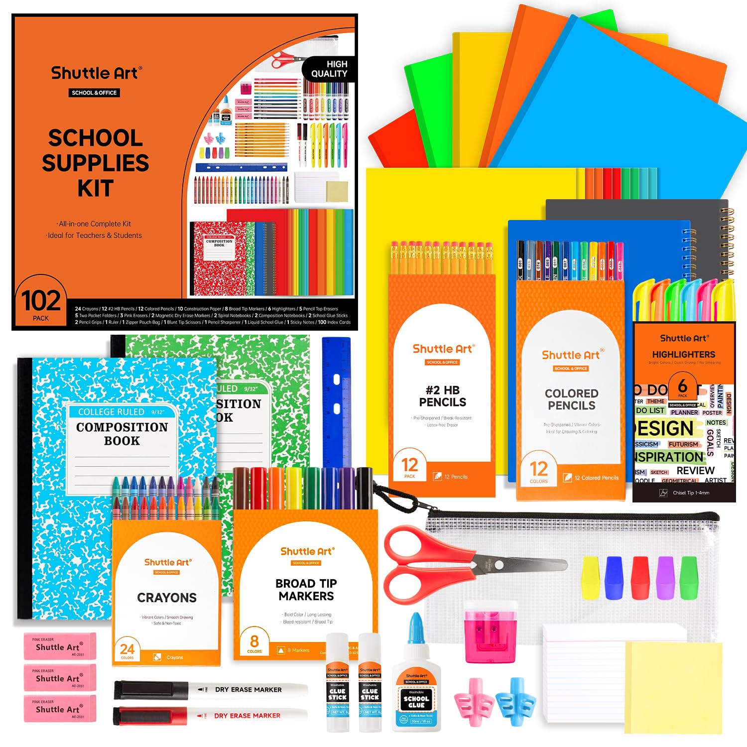 Shuttle Art 102-Piece Back to School Supplies Kit for Kids - Pencils, Pens, Markers, Erasers, Notebooks & Folders - Essential School Supply Box for Grades K-5 - Perfect for Classroom, Homeschool & Homework Organization