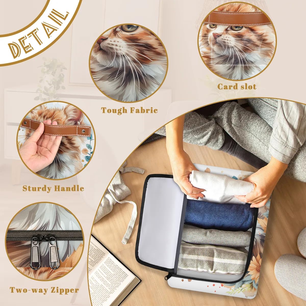 2-Pack Stackable Cat Leaf Pattern Storage Bins with Zipper Lid & Metal Frame - Closet Organizer Cubes with PU Handles for Clothes, Toys, Blankets - Perfect for Bedroom, Nursery, Dorm Organization
