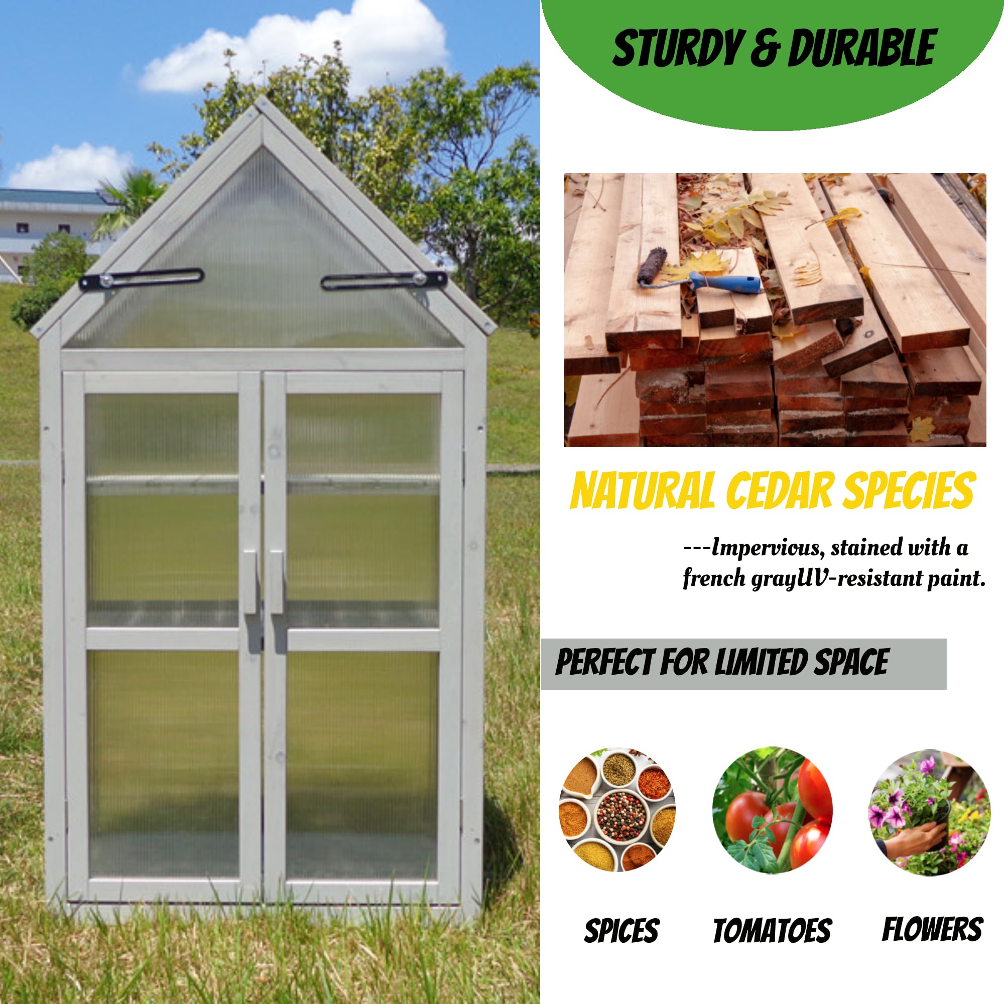 Upgraded Mini Greenhouse Kit for Outdoor & Indoor Use - Adjustable Shelving Small Wood Cold Frame Plant Stand Cabinet for Garden, Patio, Balcony, Apartment & Porch - UV-Resistant Gray Greenhouse for Herbs, Flowers & Seedlings