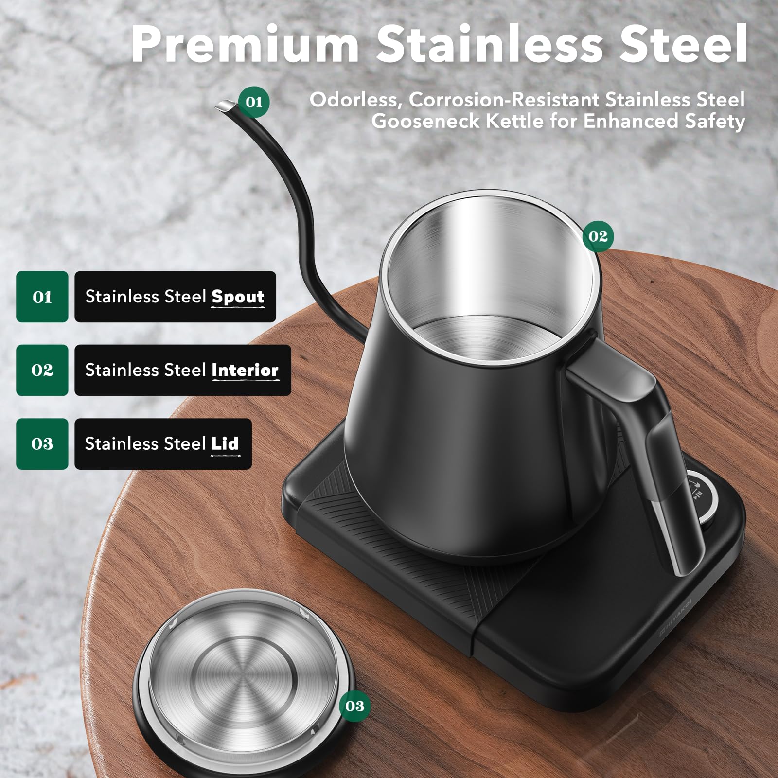 HIYAKOI Gooseneck Electric Kettle with Precise Temperature Control - 1200W Fast Heating Stainless Steel Pour Over Kettle for Coffee & Tea (0.8L) - Keep Warm Function - Perfect for Home Brewing, Office Use, and Gift Giving