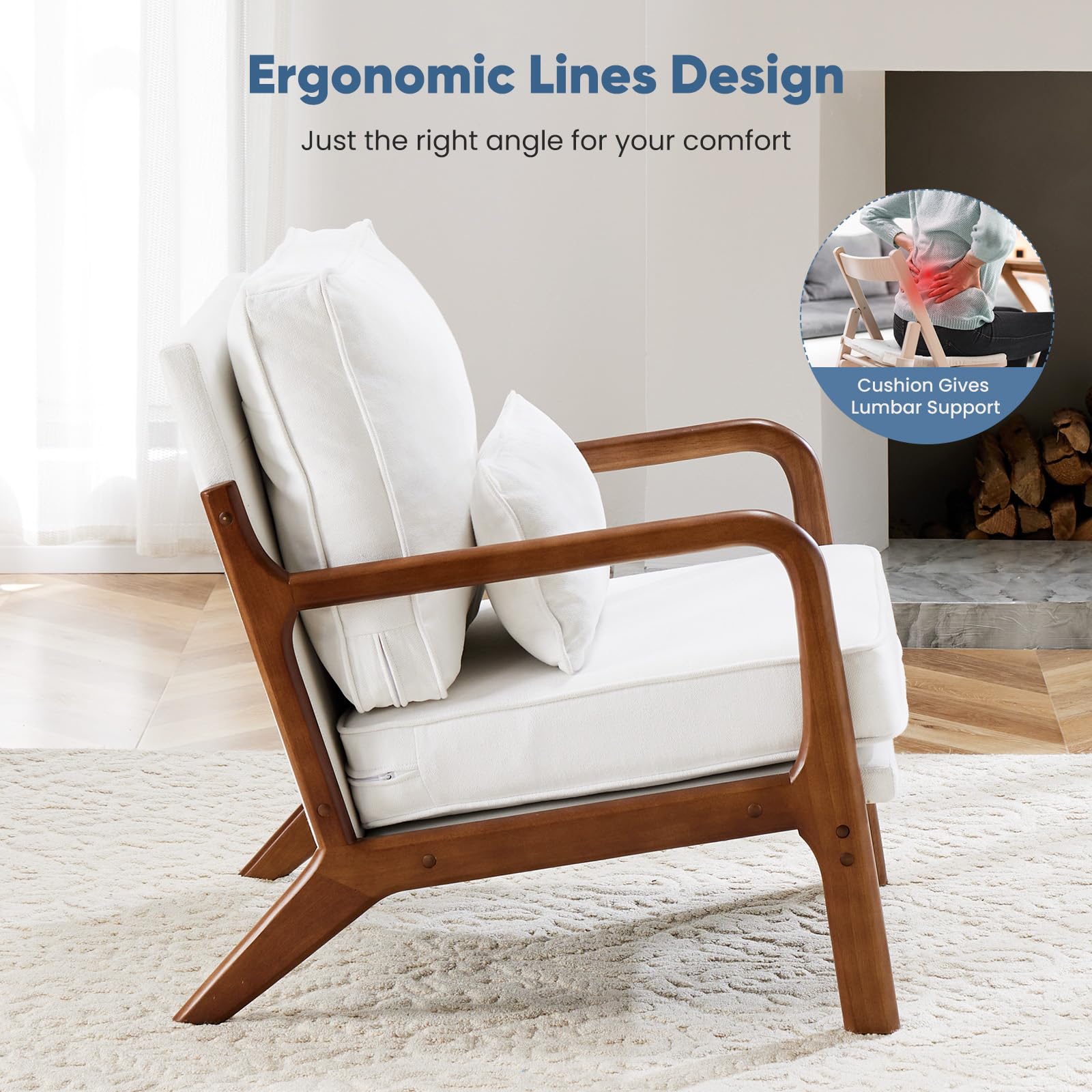 DUMOS Mid Century Modern Accent Chair with Pillow Seat - Upholstered Lounge Chair with Solid Wood Frame & Soft Cushion - Comfortable Reading Armchair for Living Room, Bedroom, Office, Balcony - Beige Home Decor