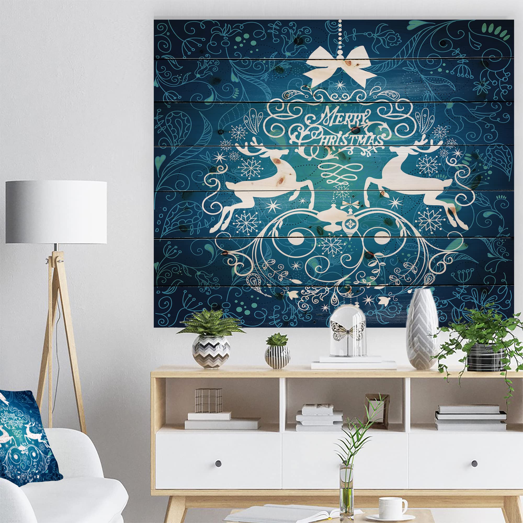 Blue Merry Christmas Reindeer Snow Crystal Wood Wall Art - Modern Abstract Pine Wood Decor for Living Room, Bedroom & Office - Large Contemporary Wall Panel with Holiday Design