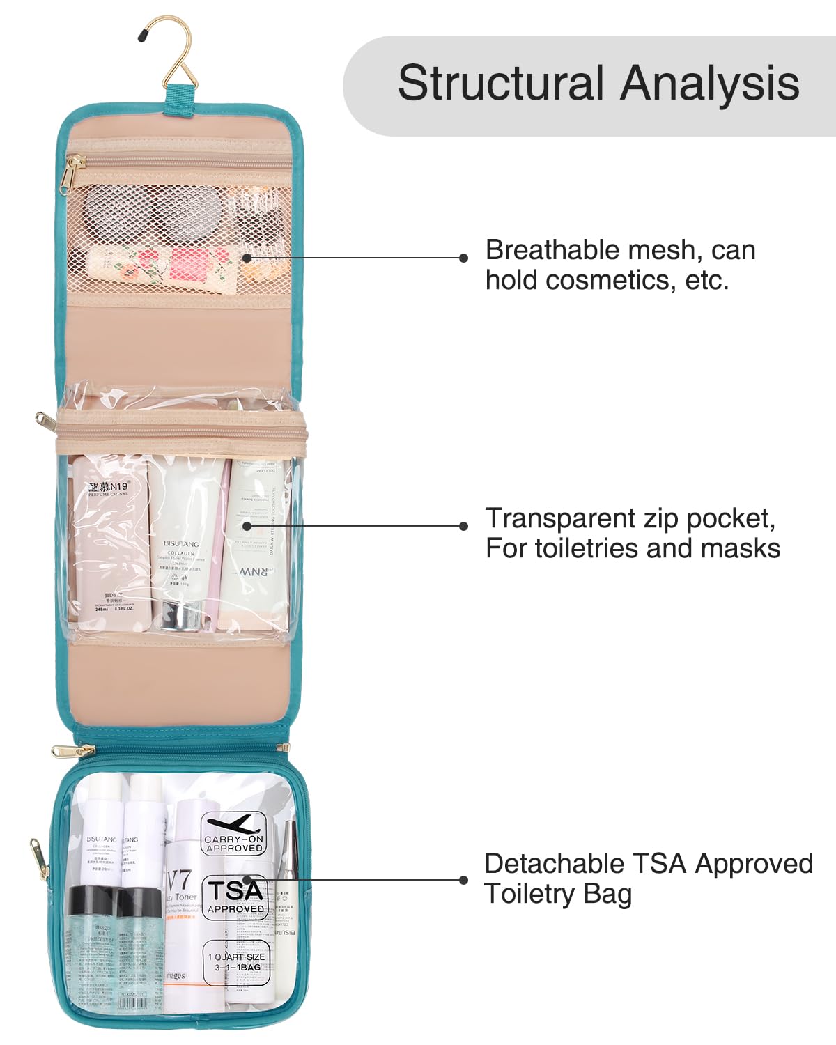 TSA Approved Hanging Toiletry Bag for Women - Water Resistant Travel Cosmetic Organizer with Multiple Pockets for Makeup, Jewelry & Essentials | Perfect for Air Travel, Camping & Business Trips