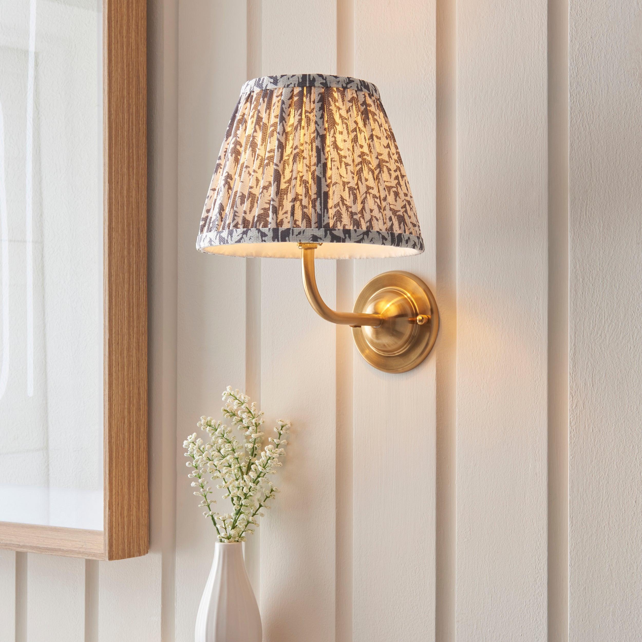 Dome Arc Brass Wall Light with 20cm Pearl Grey Shade - Vintage Leaf Design for Bedroom, Living Room, and Hallway Lighting
