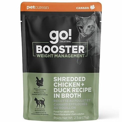 Premium Weight Management Wet Cat Food - Go! Solutions Booster Shredded Chicken & Duck in Bone Broth - High Protein, Grain-Free Recipe for Adult Cats - Perfect for Weight Control & Digestive Health
