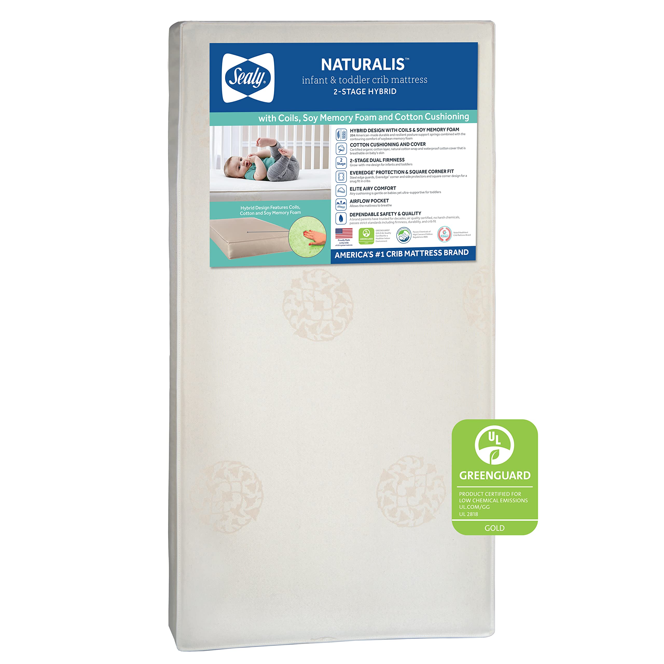Sealy Baby Naturalis Breathable Hybrid 2-Stage Waterproof Crib Mattress & Toddler Bed - Natural Cotton, Non-Toxic, GREENGUARD Gold Certified - Safety Tested, Made in USA (52