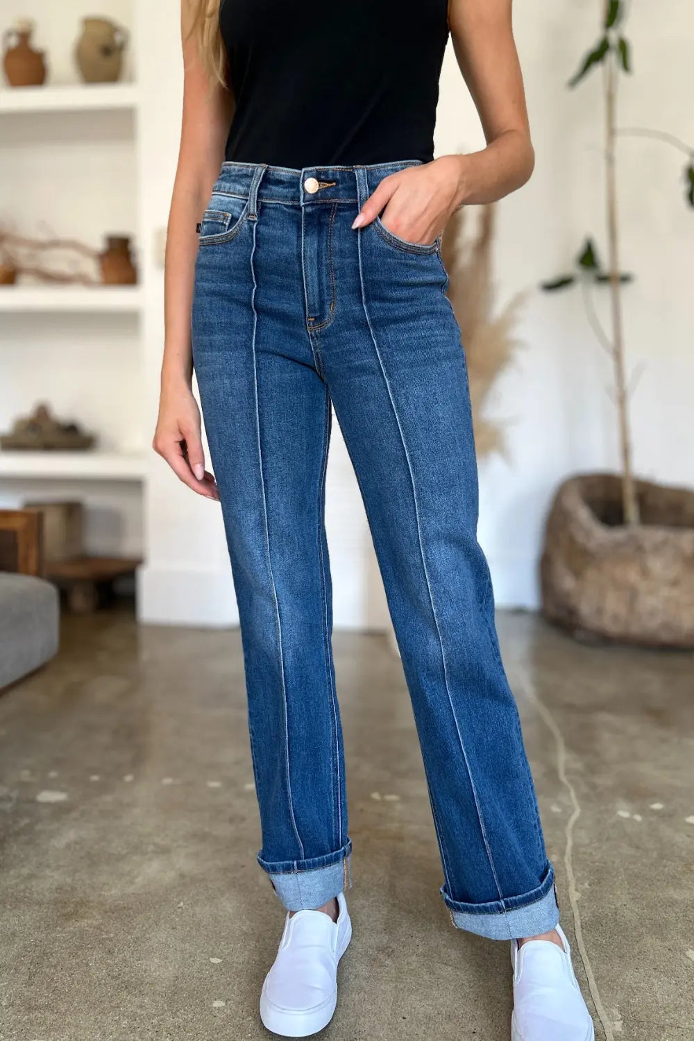 Judy Blue High Waist Straight Jeans for Women - Classic Front Seam Detail, Comfortable Stretch Denim Pants | Perfect for Casual Wear, Office Outfits & Date Night Looks