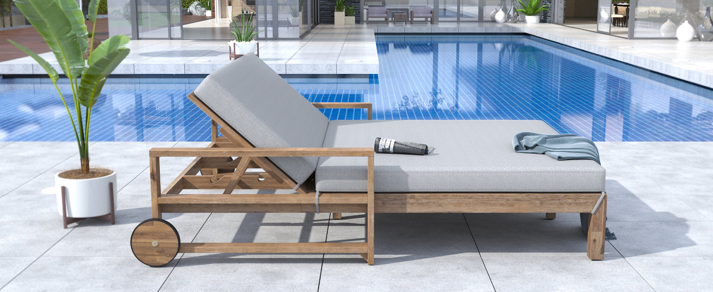 Farmhouse Style Wooden Outdoor Sunbed - 2 Person Daybed for Poolside, Garden & Backyard - Weather-Resistant Grey Wood Lounge Chair - Perfect for Relaxing, Sunbathing & Outdoor Lounging