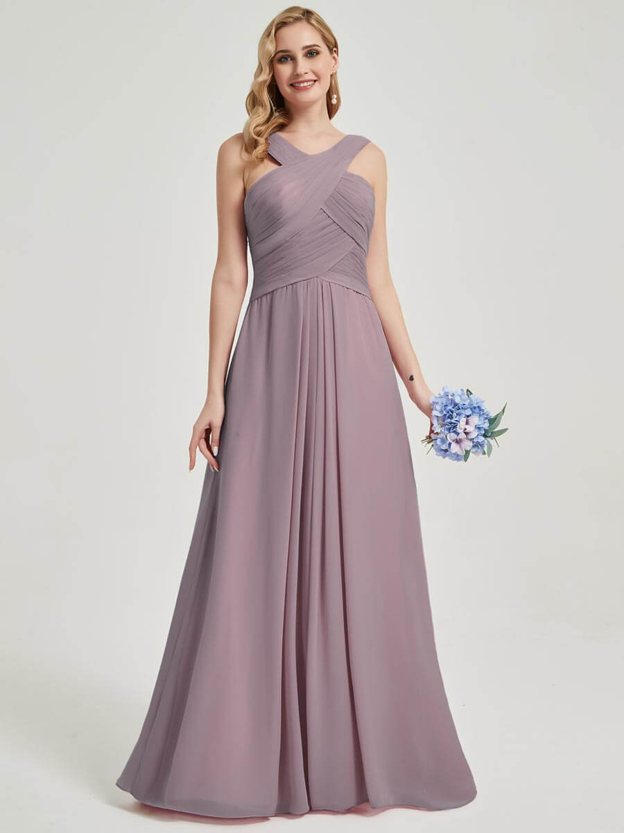 Elegant Dusk Cross Neck A-Line Pleated Floor-Length Chiffon Bridesmaid Dress for Wedding Party & Formal Events