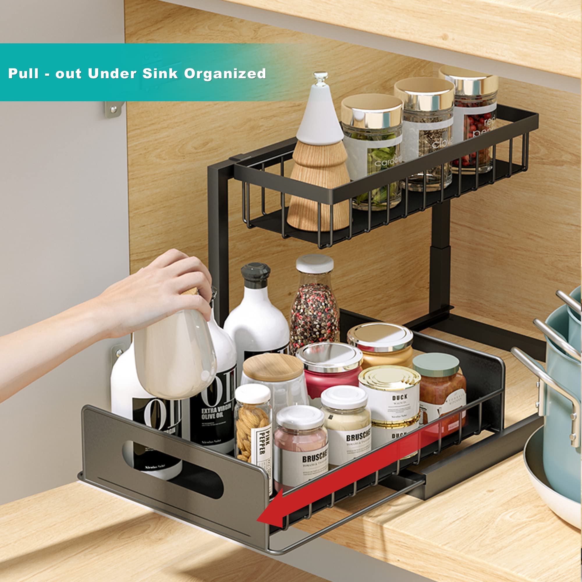 2-Tier Under Sink Organizer - Rustproof Sliding Cabinet Storage Shelf for Kitchen & Bathroom | Space-Saving Solution for Sponges, Cleaners & Toiletries Under Counter