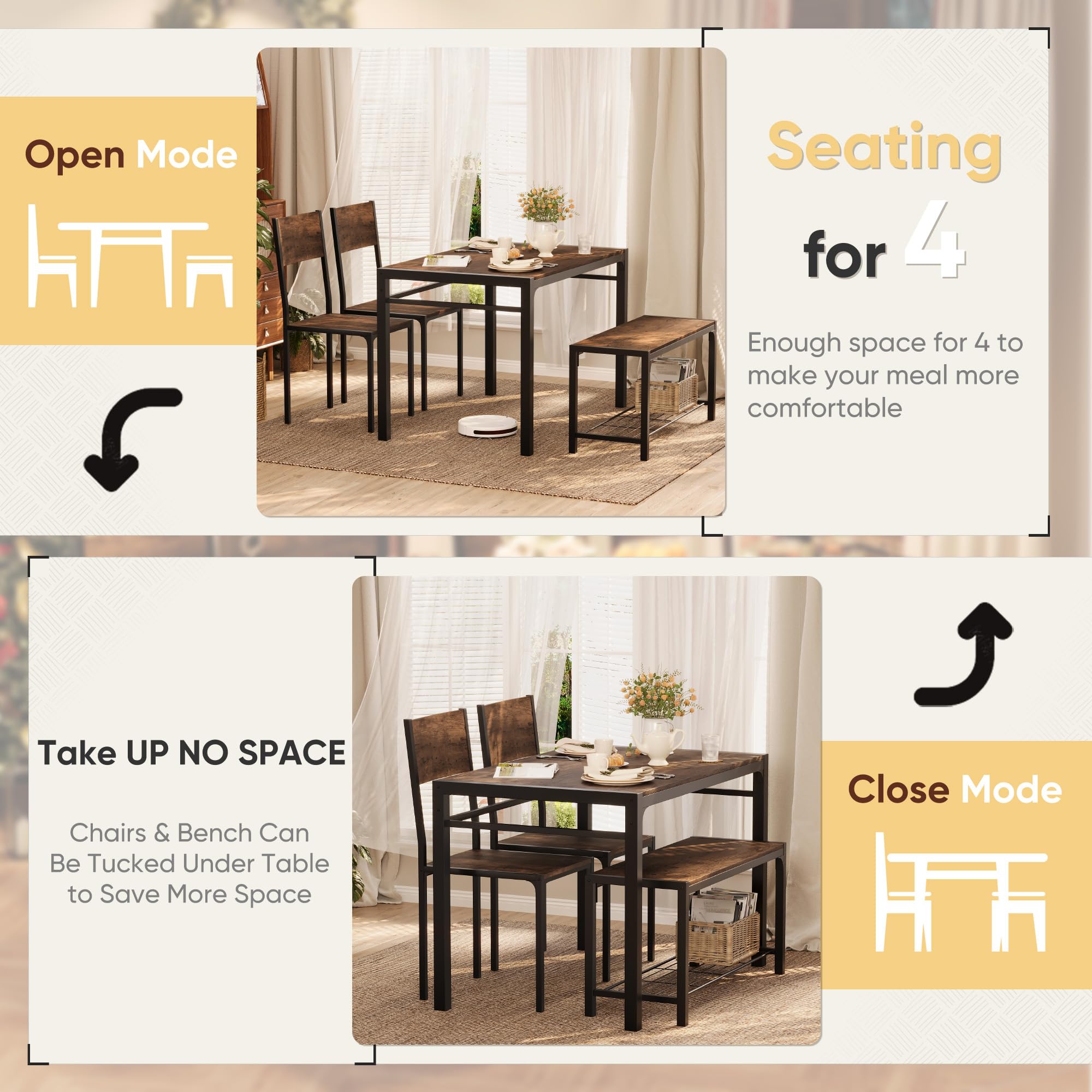 Shahoo 4-Piece Dining Set with Table, 2 Chairs & Bench - Compact Kitchen Table for Small Spaces in Brown | Perfect for Apartments, Breakfast Nooks & Cozy Dining Areas
