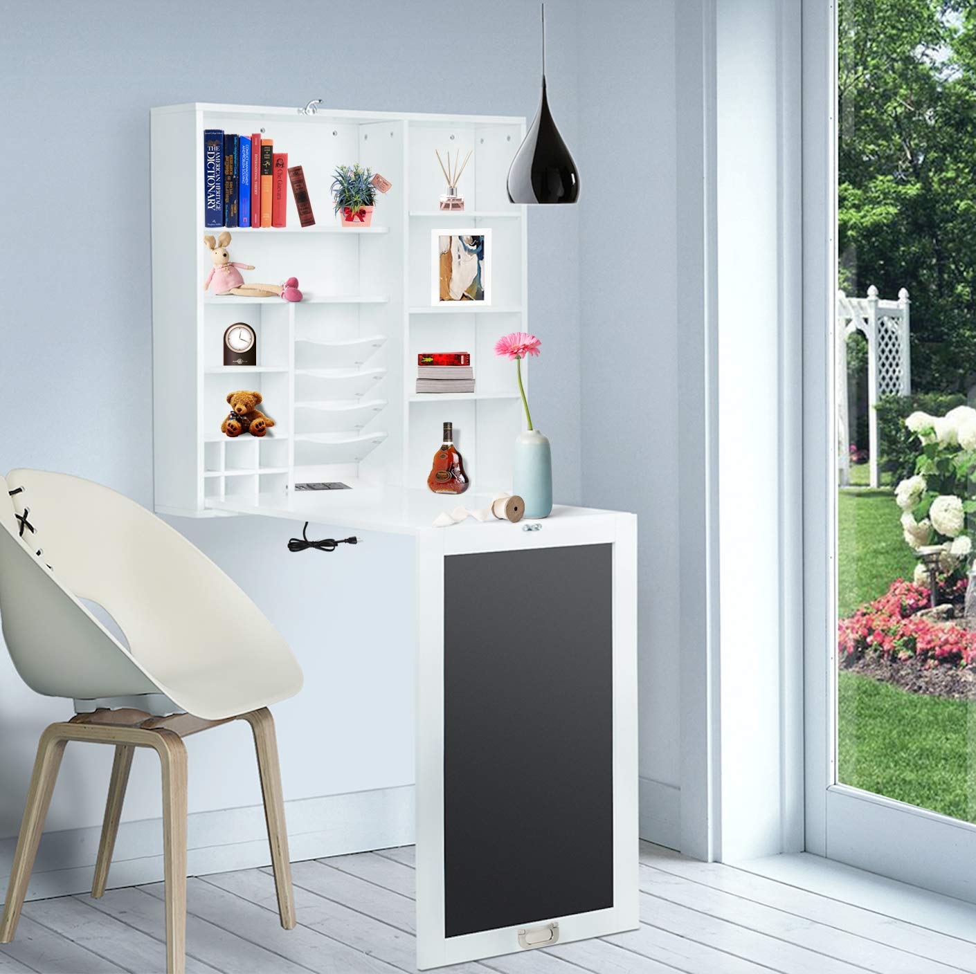 Utopia Alley Foldable Wall Mount Desk with Storage Cabinet & Shelves - Space Saving Home Office Furniture with Chalkboard Surface - Compact Computer Writing Desk for Small Spaces (White) - Perfect for Apartments, Dorms & Home Offices