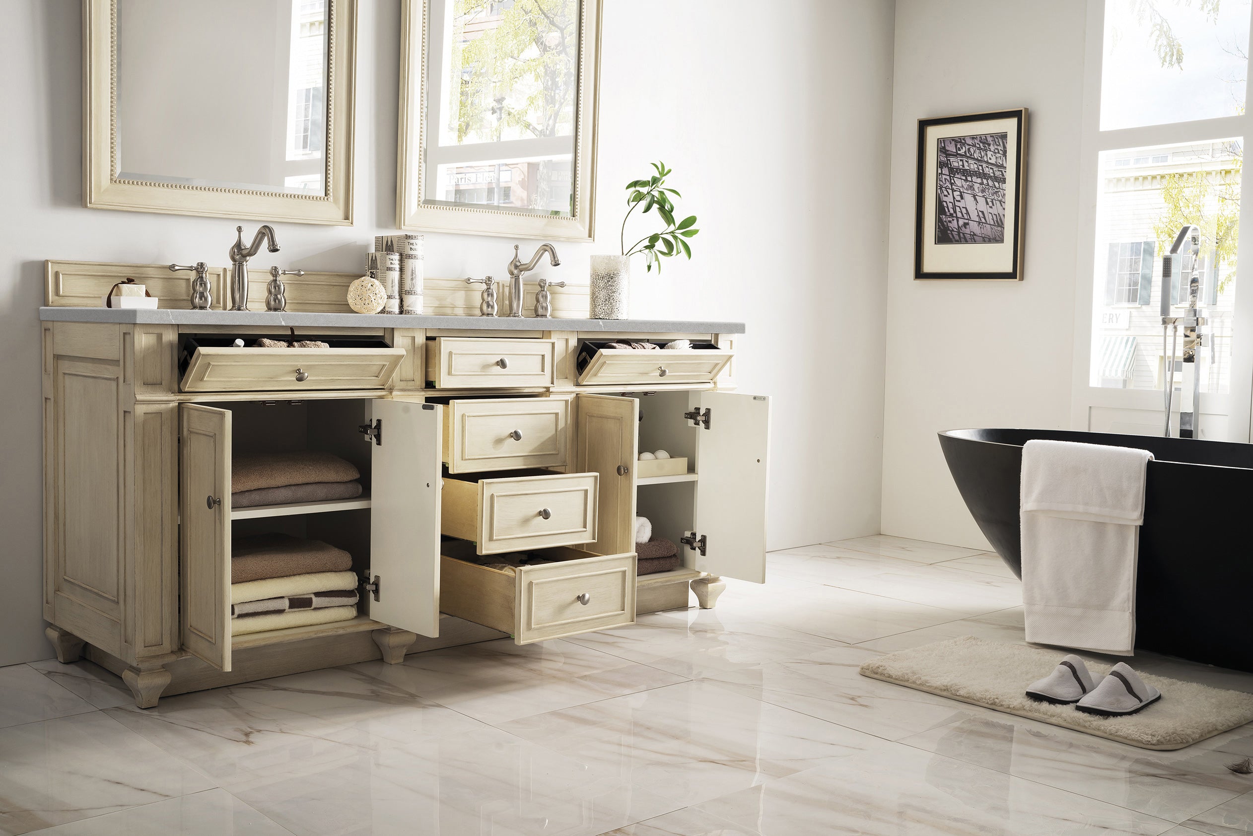 Bristol 72 Inch Double Bathroom Vanity with 3CM Eternal Serena Quartz Countertop in Vintage Vanilla - Perfect for Master Bathroom, Guest Bath, or Luxury Home Renovation
