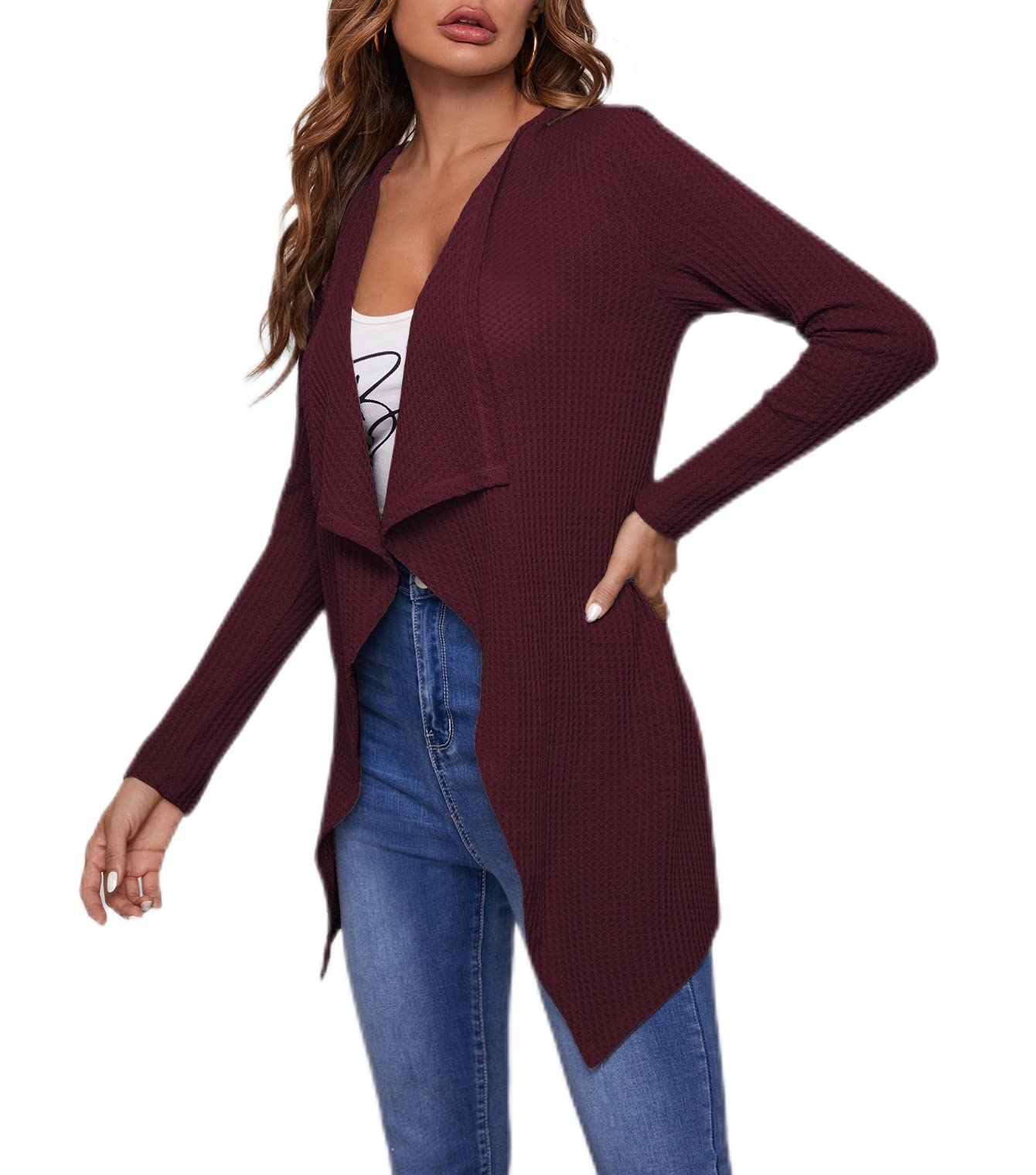 Women's Waffle Knit Long Sleeve Cardigan - Soft Open Front Loose Sweater Coat with Waterfall Design | Perfect for Fall Layering, Office Wear & Casual Outfits