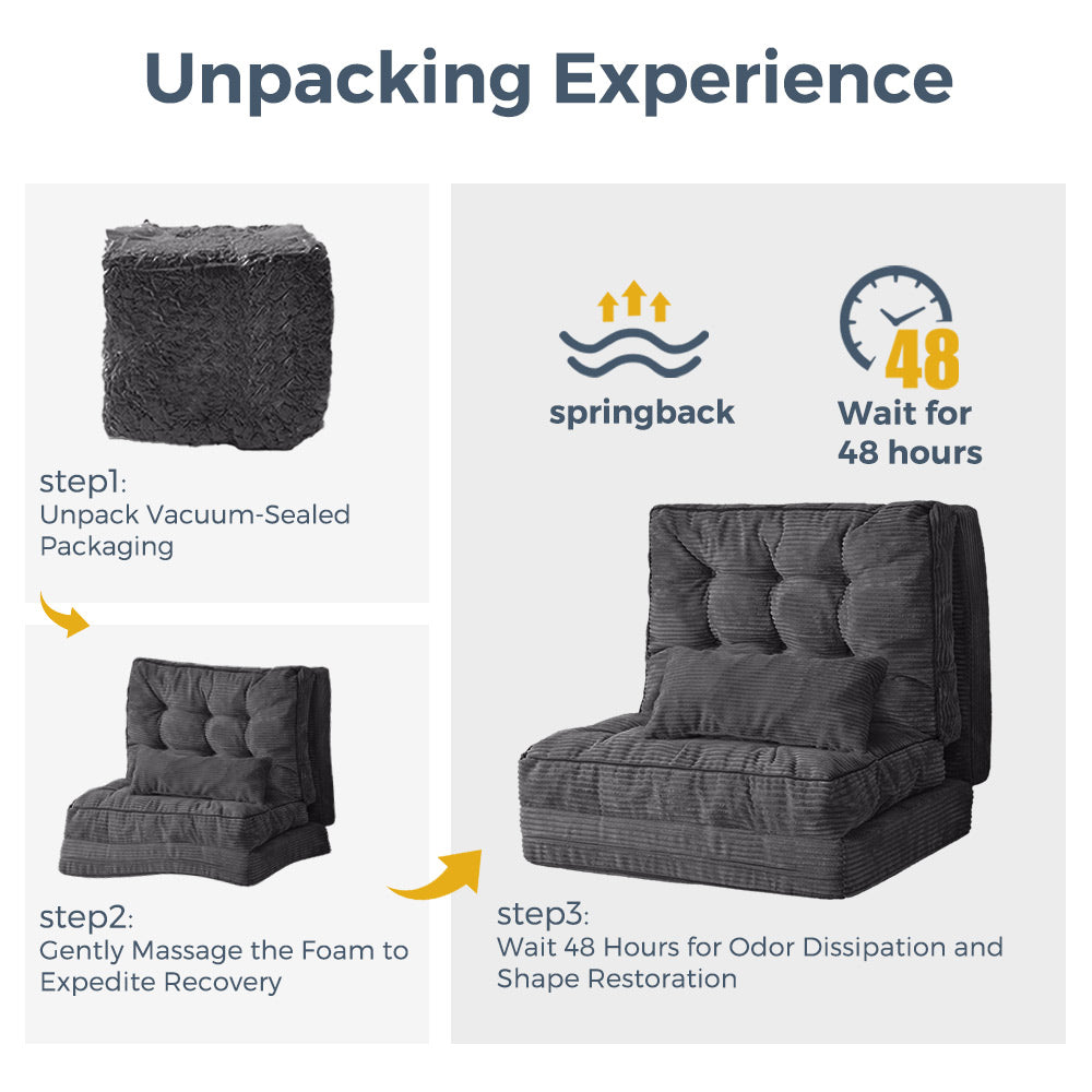 MAXYOYO Tufted Bean Bag Sofa Bed with Pillows - Foldable Floor Couch for Living Room, Bedroom & Dorm - Dark Grey - Perfect for Lounging, Gaming & Relaxation
