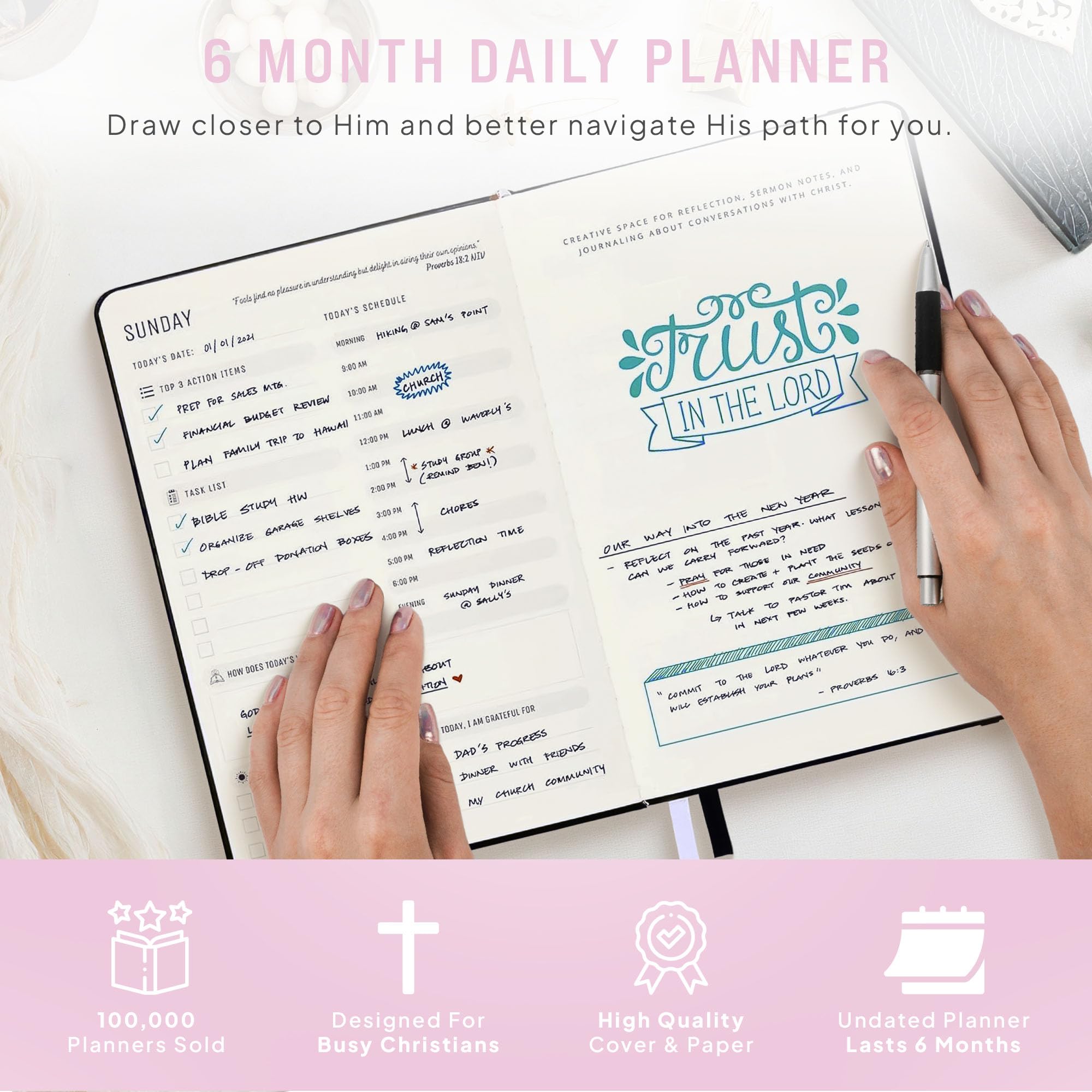 Faith Planner 6 Month Undated Christian Planner 2025 - Prayer Journal & Gratitude Notebook with Bible Verses | A5 Pink Leather Cover, Monthly Weekly Daily Planner for Women | Perfect for Bible Study, Church Notes & Personal Organization