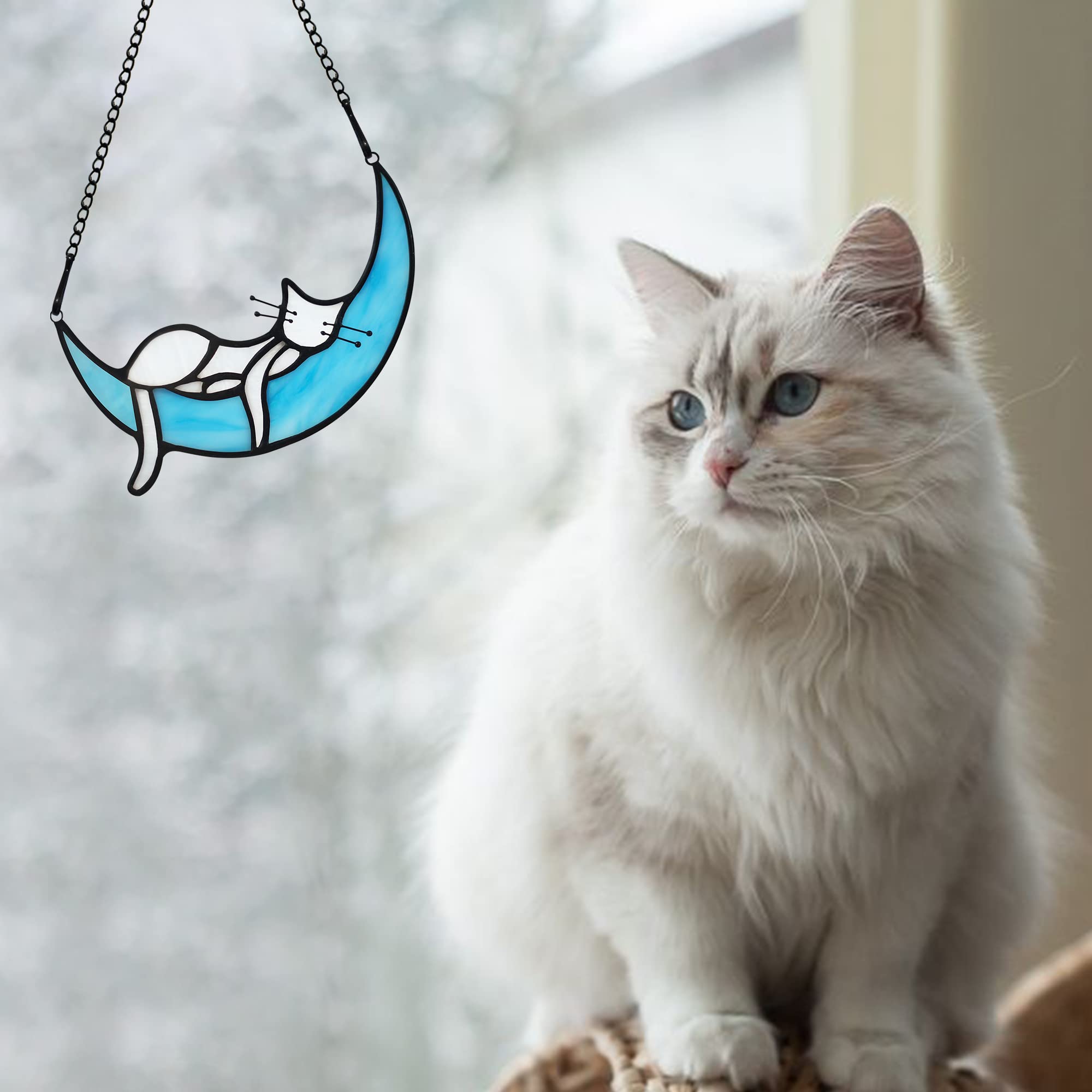 White Cat on Moon Stained Glass Window Hanging - Handmade Cat Memorial Gift for Cat Lovers, Elegant Suncatcher Decor for Kitchen, Bedroom, or Office - Perfect Birthday Gift for Mom, Grandma & Aunt - Creates Beautiful Rainbow Reflections in Sunlight