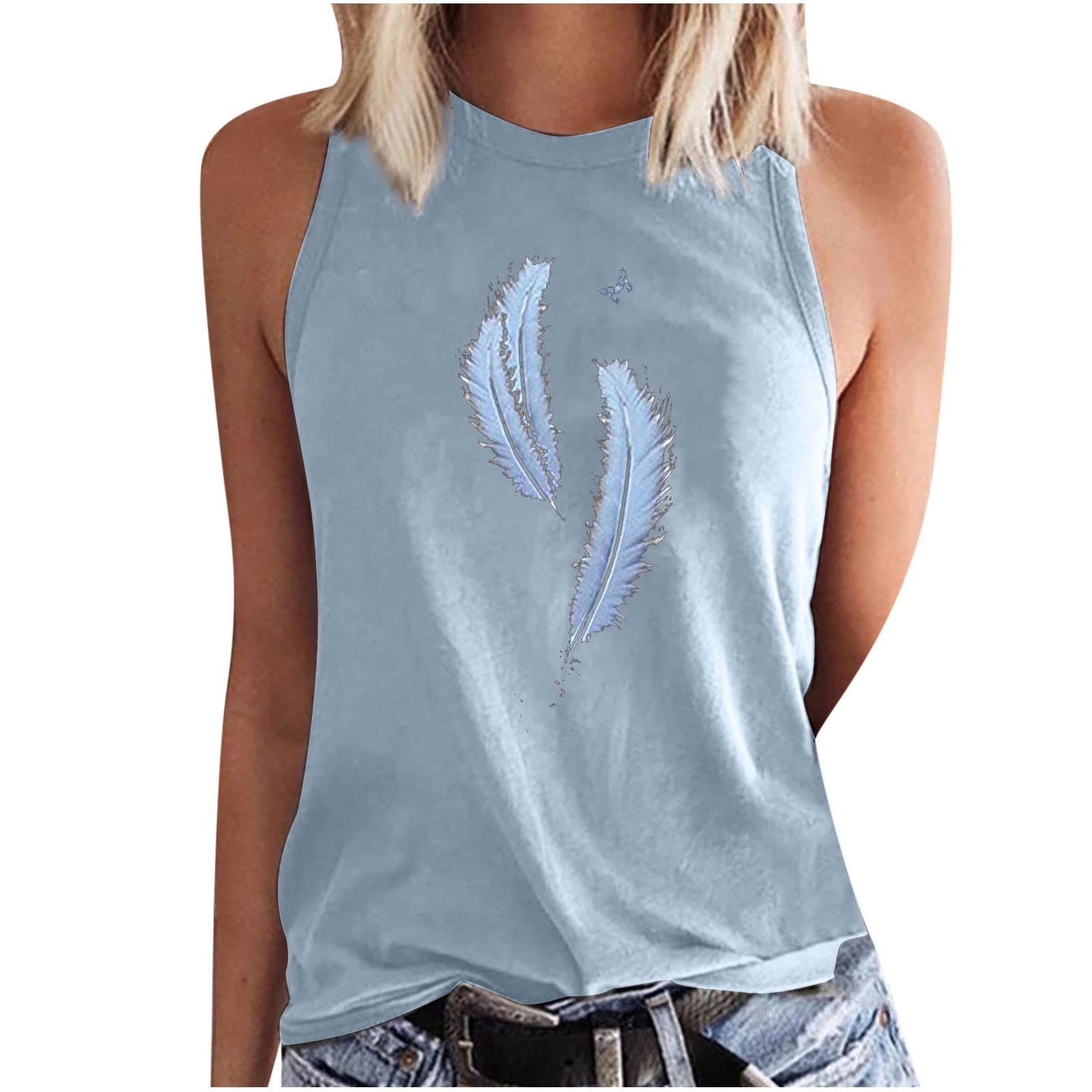 Women's Graphic Tank Tops - Sleeveless Feather Print Summer Tunic - Casual Cotton Crewneck Workout Shirt for Yoga, Gym & Everyday Wear