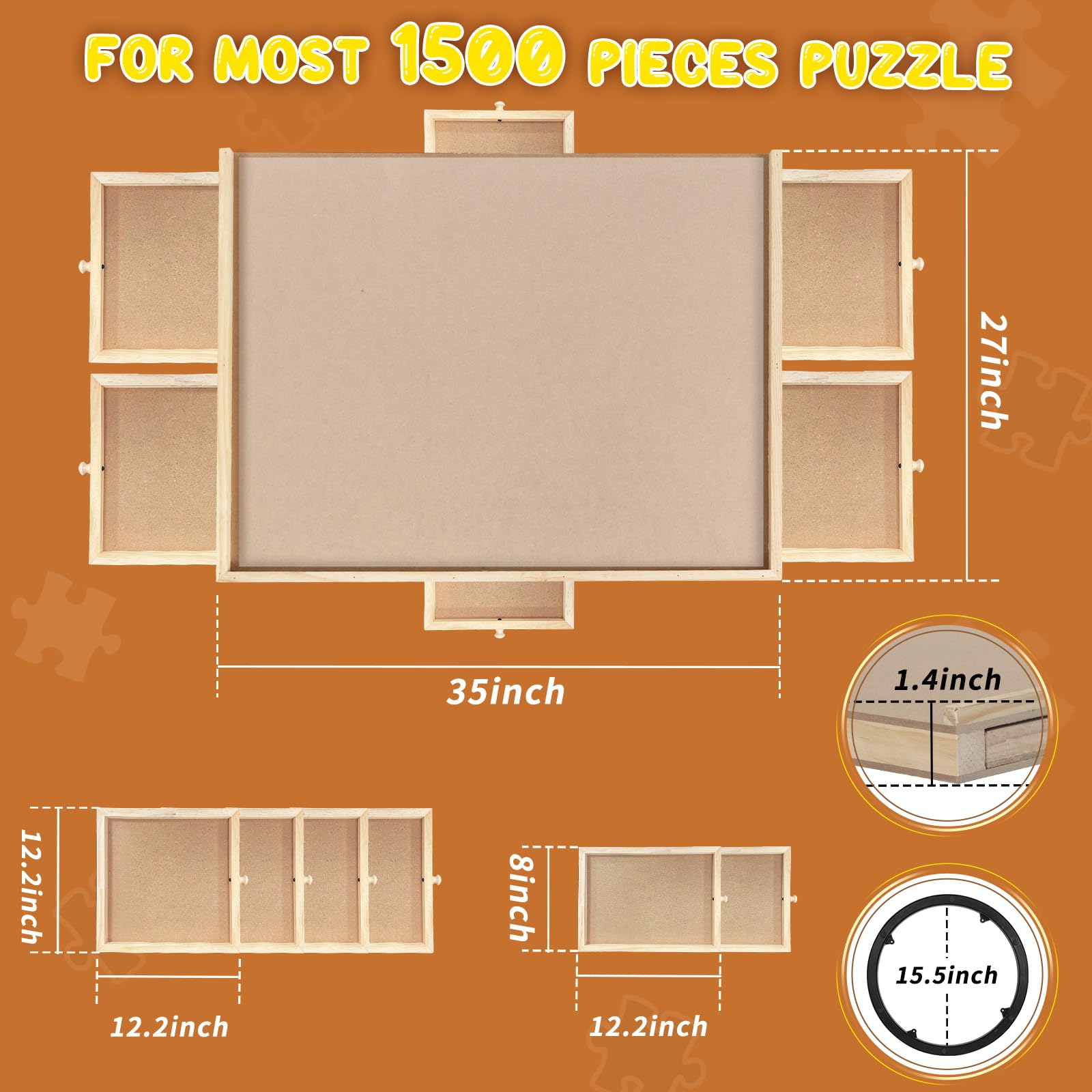 Nattork 1500 Piece Wooden Jigsaw Puzzle Board - 6 Drawers Storage, Rotating Puzzle Table with Cover, Portable Jigsaw Puzzle Table for Adults & Kids - Perfect for Family Game Nights, Travel, and Educational Activities