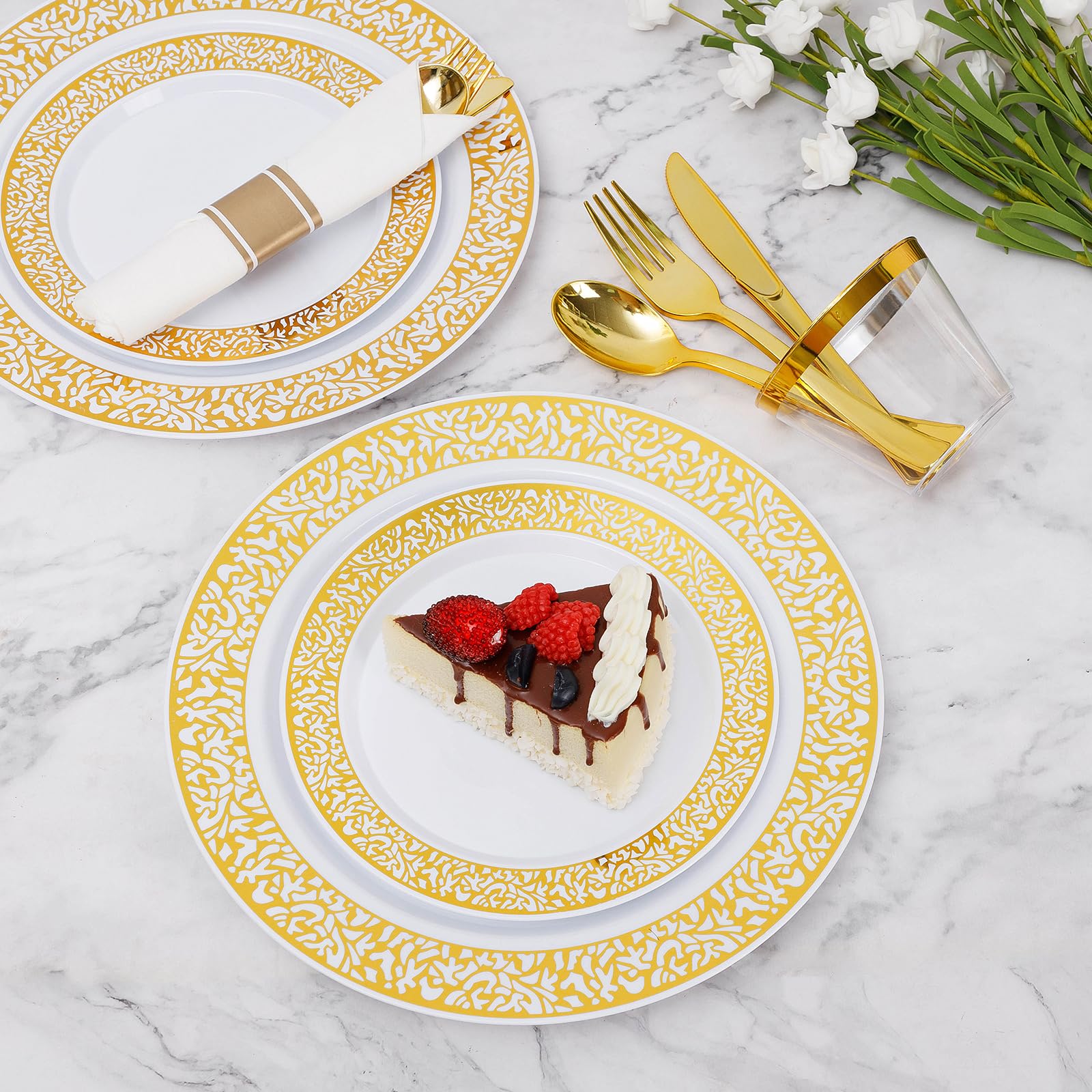 Goodluck 175-Piece Gold Plastic Dinnerware Set for 25 Guests - Disposable Elegant Lace Plates, 25 Gold Dinner Plates, 25 Dessert Plates, 25 Pre-Rolled Napkins with Silverware, 25 Cups - Perfect for Thanksgiving, Christmas, Weddings & Party Events