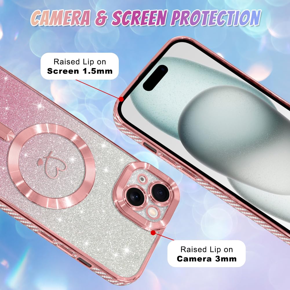 **Bonoma Magnetic Case for iPhone 15 Plus 6.7 Inch - Magsafe Compatible, Glitter Heart Design, TPU Back Cover with 2x Screen Protectors - Pink | Perfect for Everyday Use & Camera Protection**