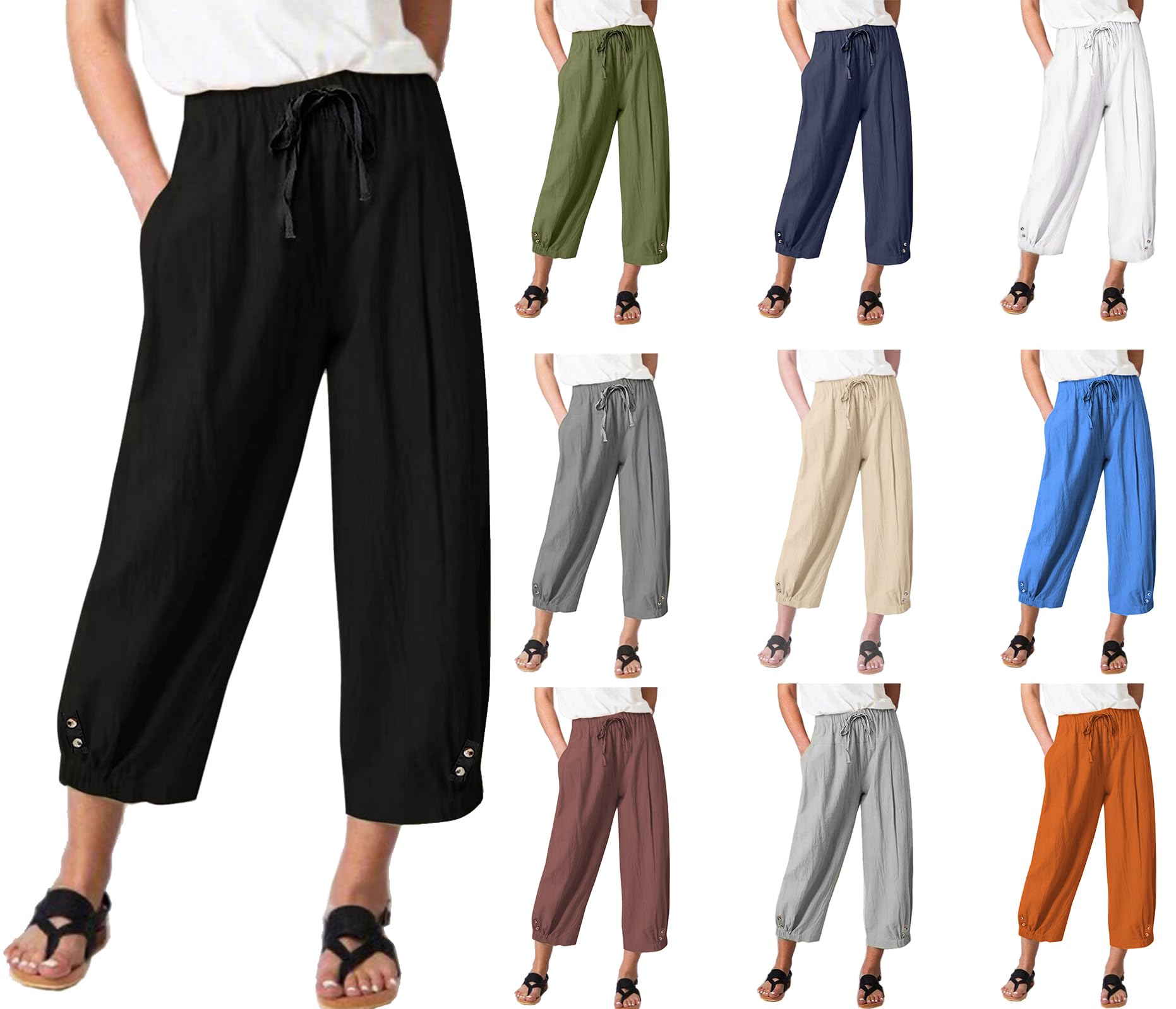 Women's High Waist Linen Wide Leg Cropped Pants - Casual Drawstring Capri Trousers for Summer, Beach & Boho Style Outfits