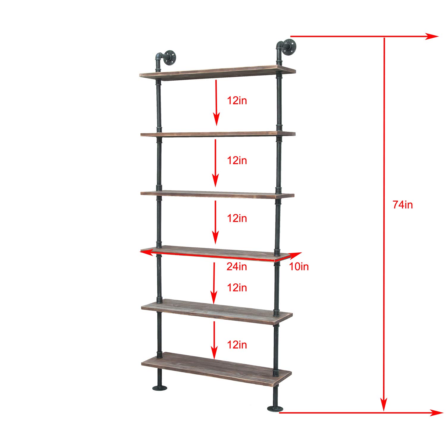 Industrial Pipe Shelving - 6-Tier Rustic Modern Wood Ladder Storage Shelf | Wall Mount Pipe Design DIY Bookshelf (24 Inch) for Living Room, Bedroom & Office Organization