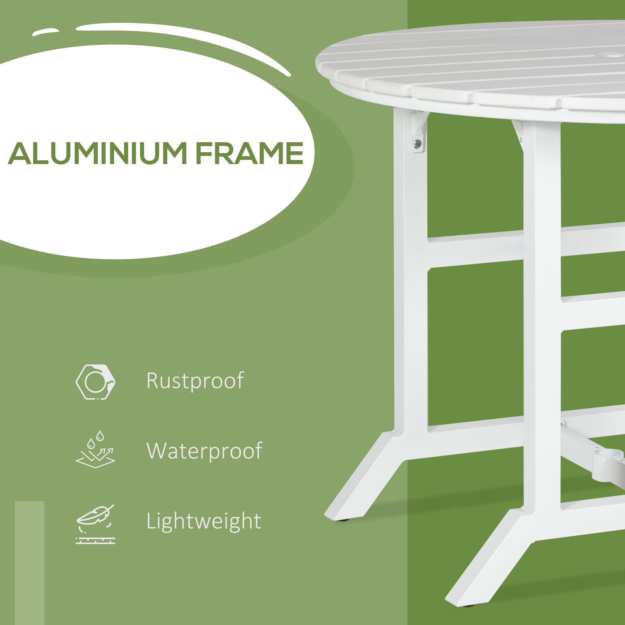 Outsunny 48 Inch Round Outdoor Patio Table with Umbrella Hole - White Aluminum Frame & Weather-Resistant HDPE Tabletop - Garden, Lawn, Balcony Dining Set for 4 People - Perfect for Backyard BBQs, Poolside Gatherings & Outdoor Entertaining