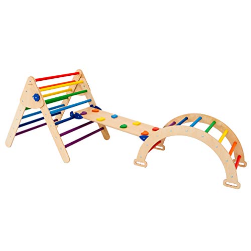 Montessori Furniture Set - 3-Piece Baby Gym & Toddler Climbing Toys, Eco-Friendly Wooden Play Gym with Rainbow Colors (Large Size) - Perfect for Early Childhood Development, Playrooms & New Baby Gifts